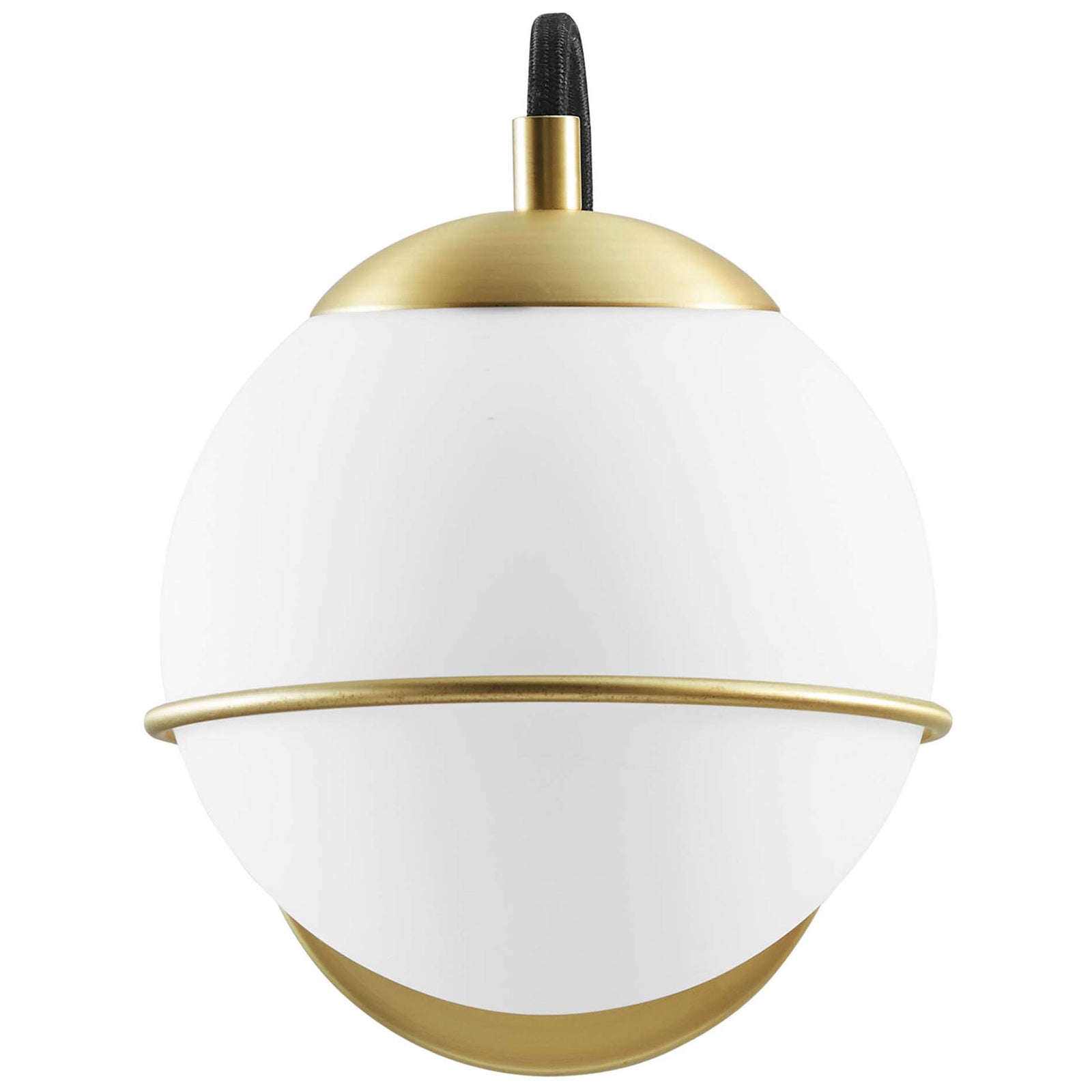 Opal glass globe wall sconce framed by a slim satin brass ring and circular backplate || EEI-5308-OPA-GLD || front_studio
