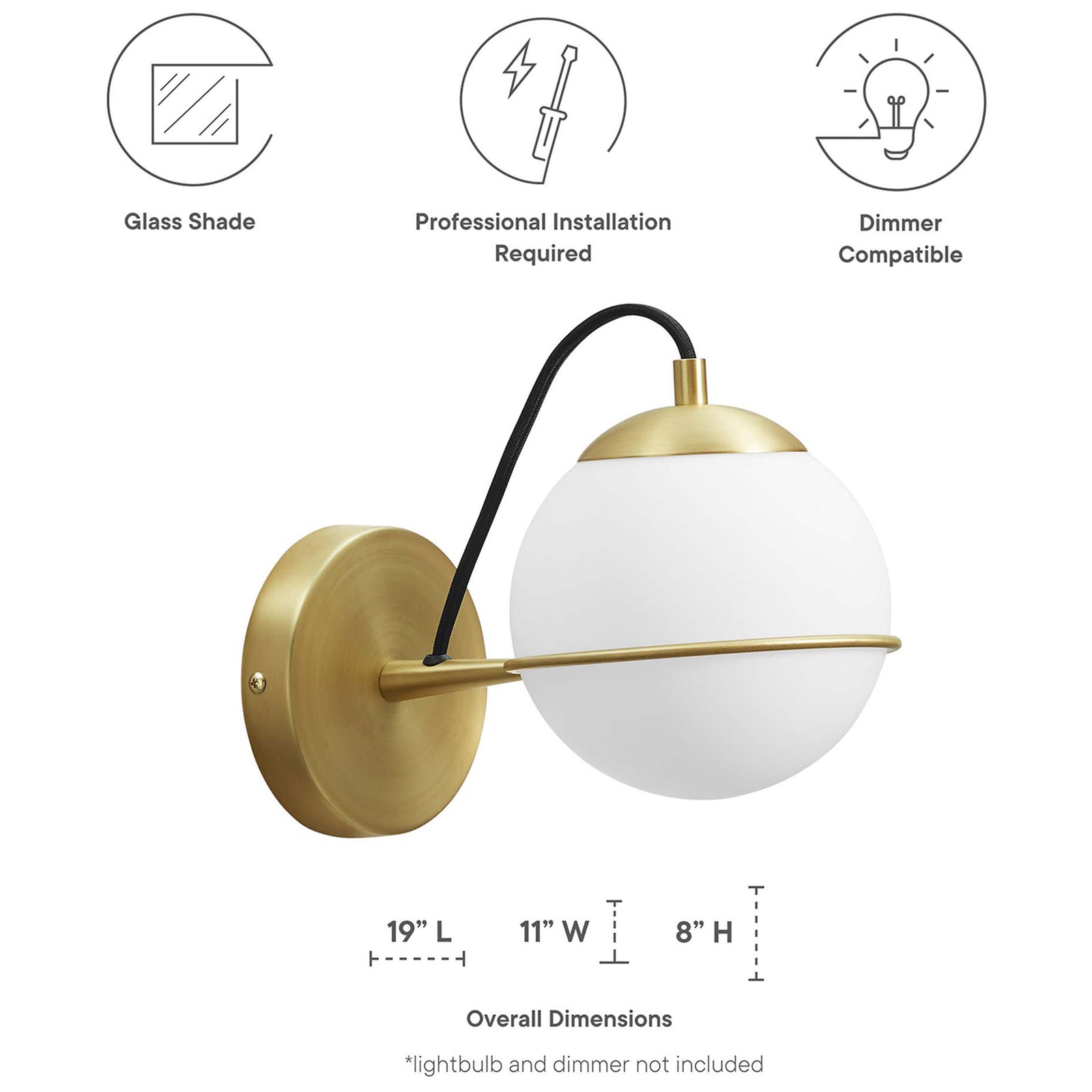 Hanna wall sconce with icons highlighting glass shade, professional installation, and dimmer compatibility || EEI-5308-OPA-GLD || dimension_studio