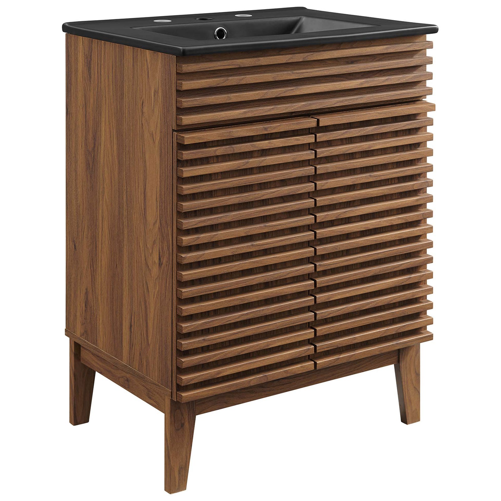 Walnut slatted-front vanity with tapered legs and a sleek black integrated sink || EEI-5350-WAL-BLK || front_angle_studio