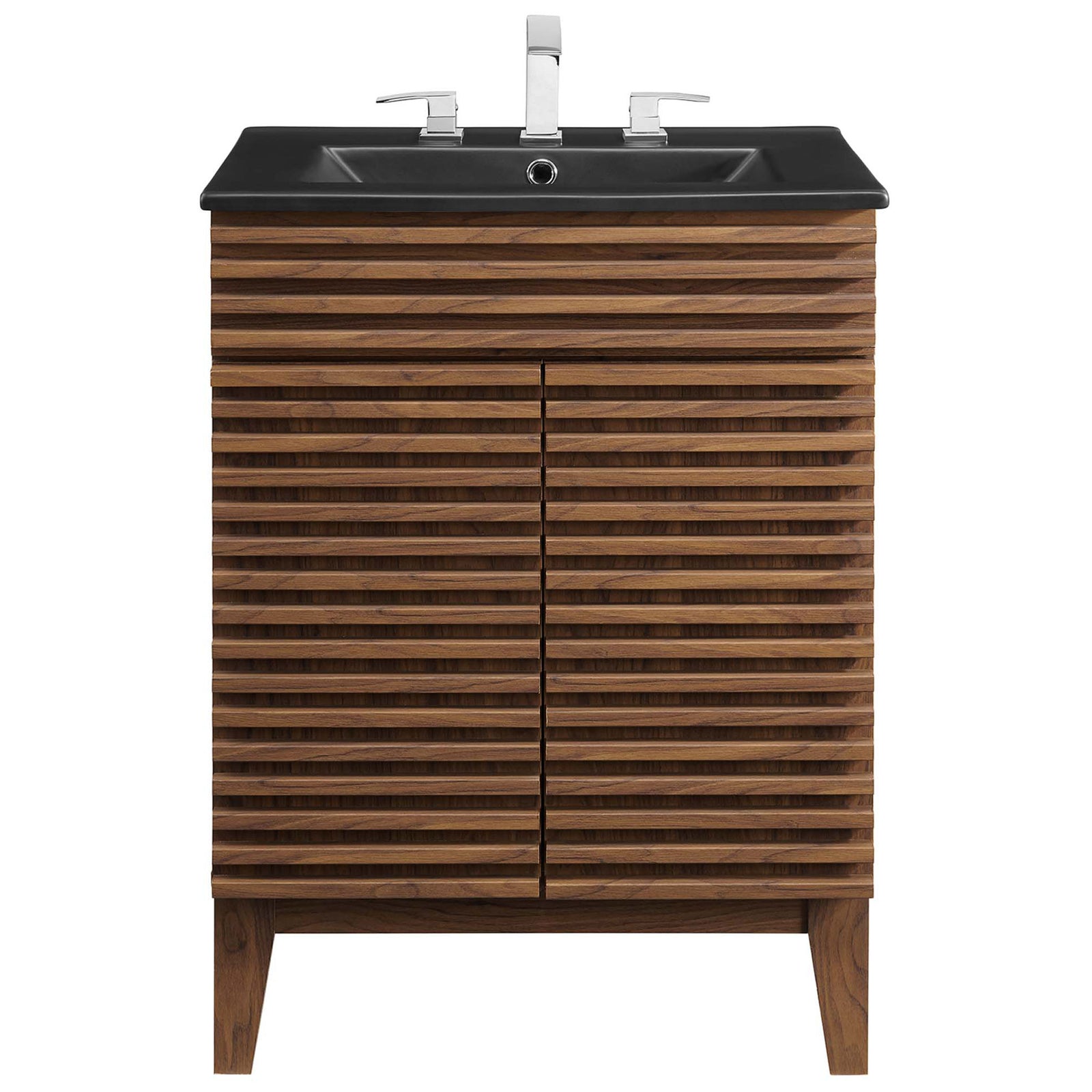 Refined walnut grain and louvered doors set off the matte black sink for a striking centerpiece || EEI-5350-WAL-BLK || front_studio