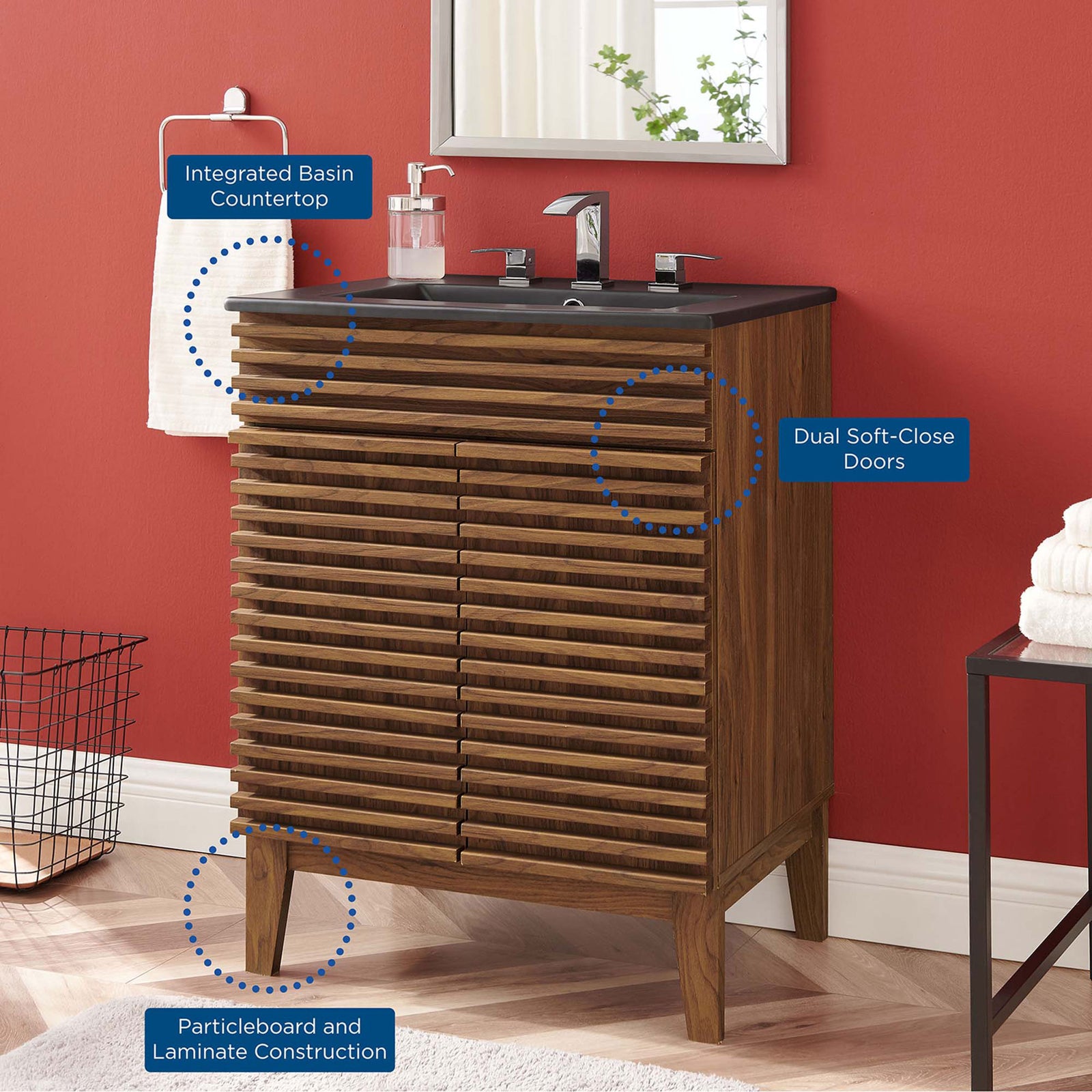 Stylish walnut vanity anchors a modern bath with bold black sink and slatted detail || EEI-5350-WAL-BLK || callout_room