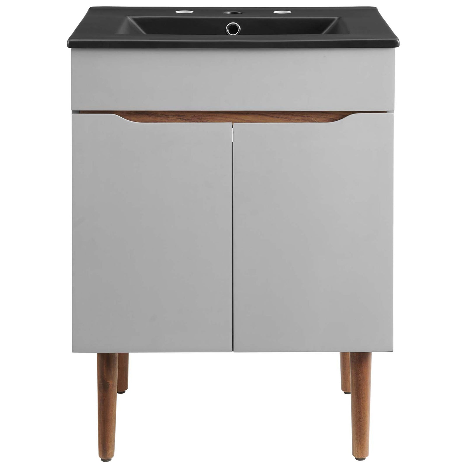 Clean-lined gray vanity with black integrated basin and cutout pulls for a minimalist look || EEI-5357-GRY-BLK || front_studio