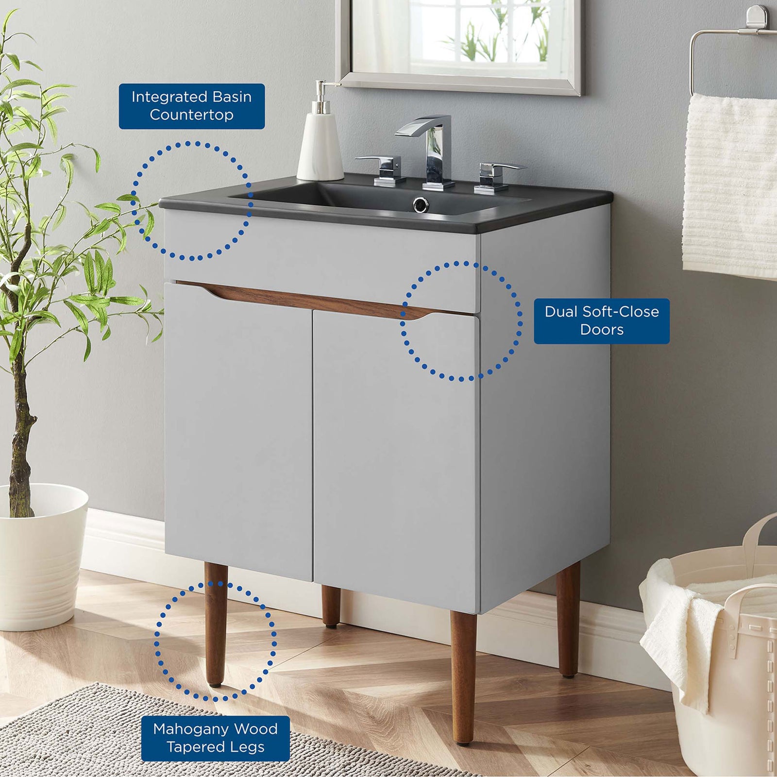 Integrated basin, soft-close doors, and mahogany legs highlighted in a modern bath setting || EEI-5357-GRY-BLK || callout_room