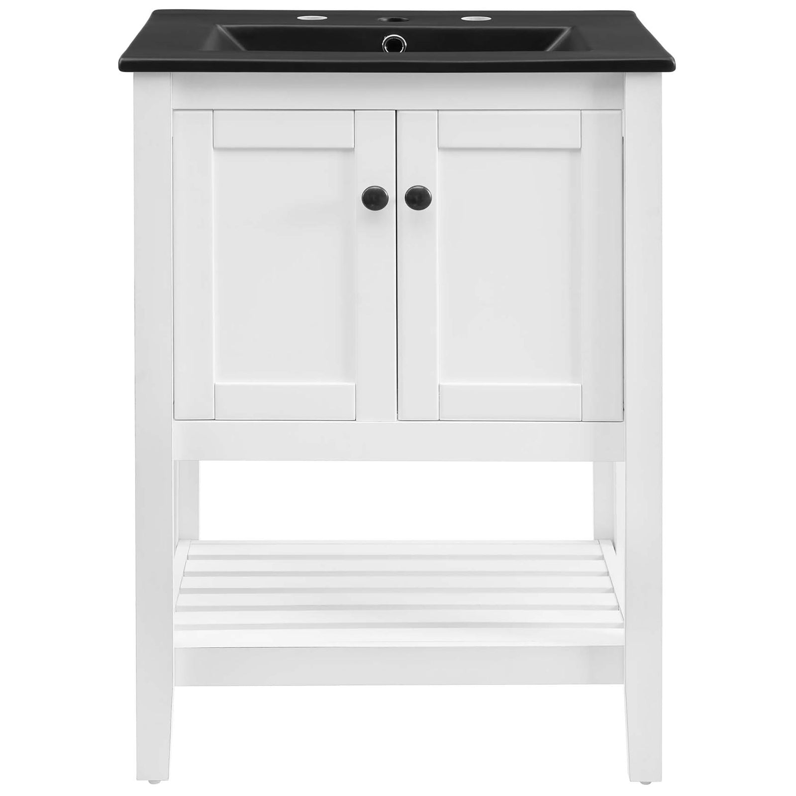 Clean white vanity with recessed panel doors, round knobs, and a slatted open shelf || EEI-5358-WHI-BLK || front_studio