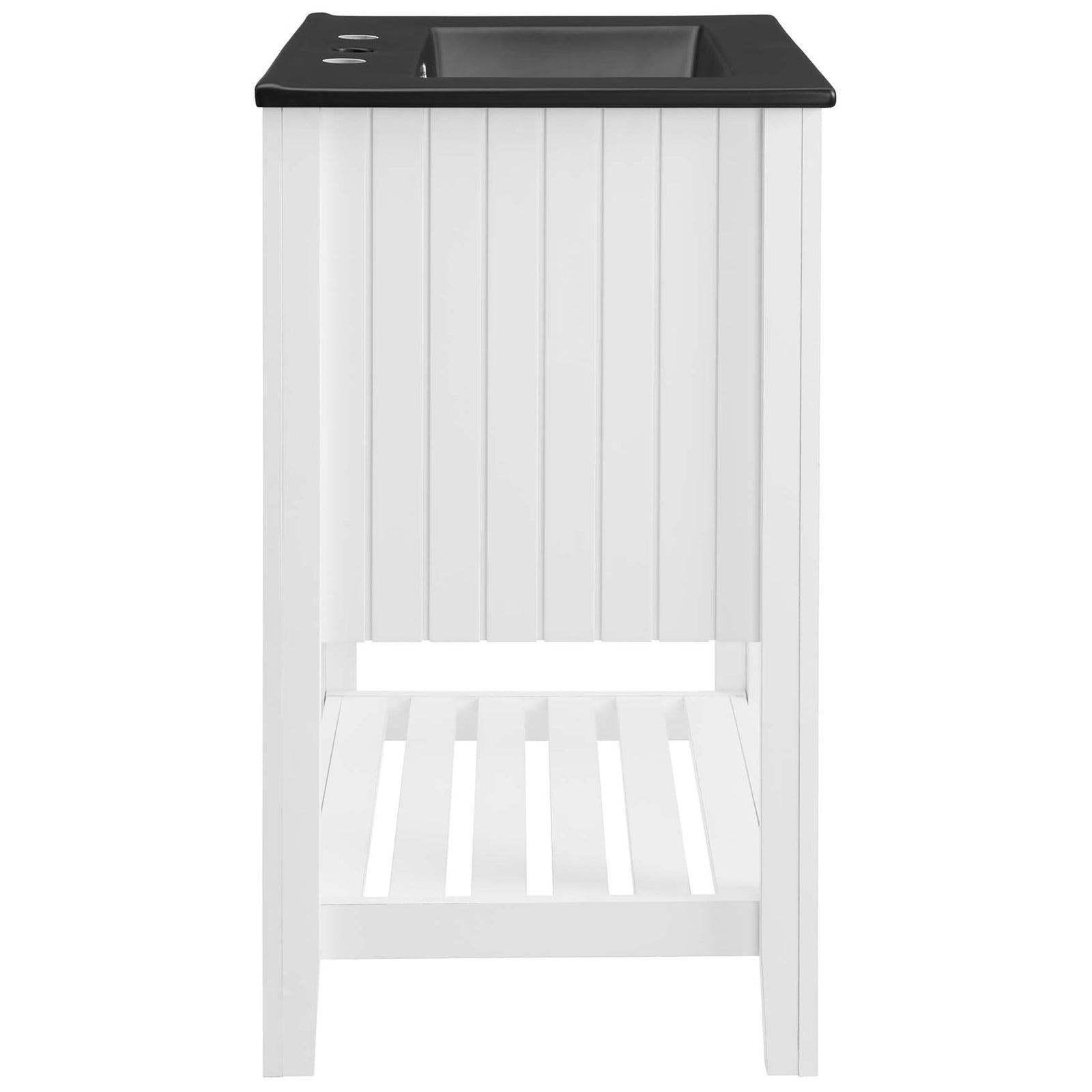 Vertical slat paneling wraps the sides, pairing with a slatted base shelf for airy storage || EEI-5358-WHI-BLK || side_studio