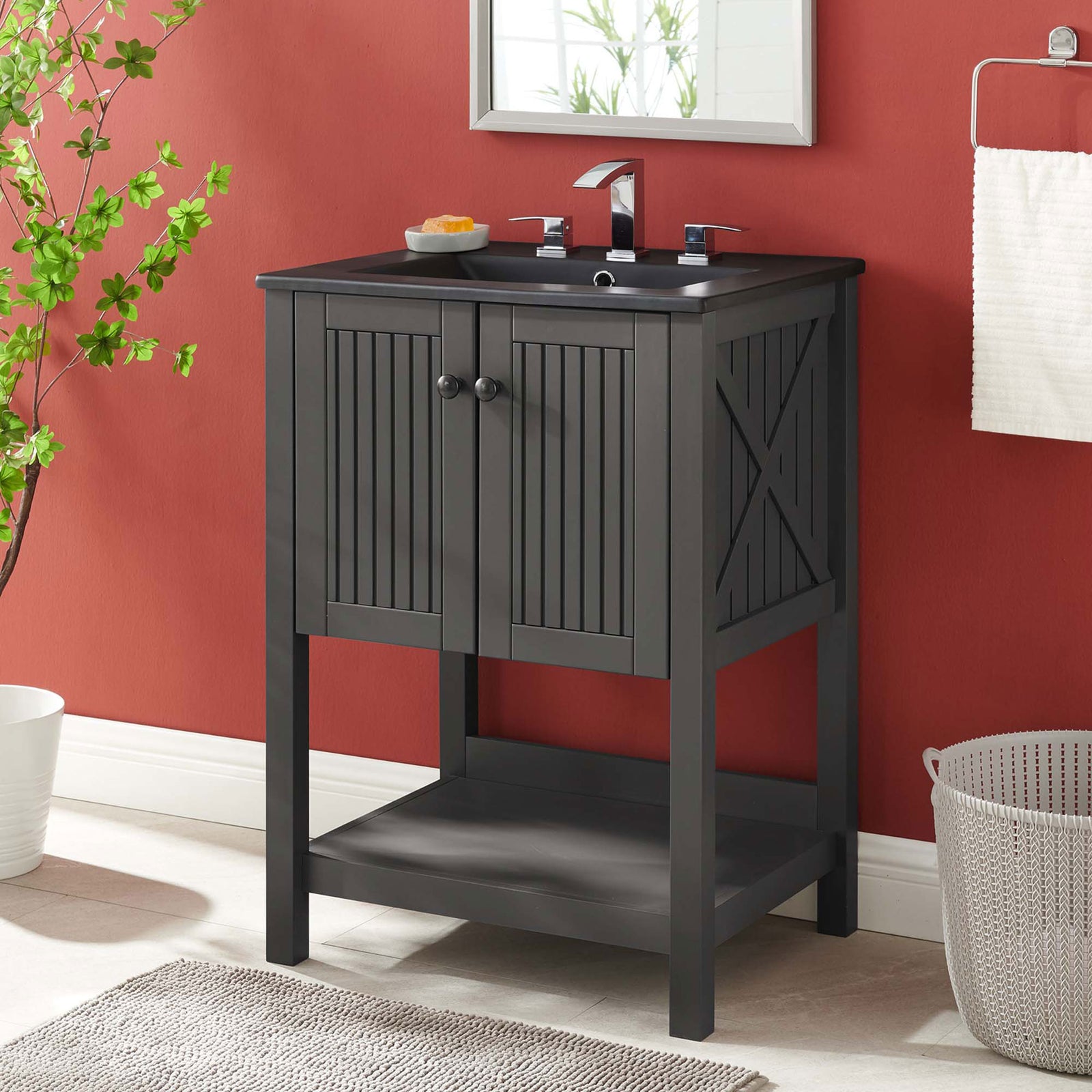 Lifestyle view of gray vanity with integrated black basin and open lower shelf || EEI-5360-GRY-BLK || front_angle_room