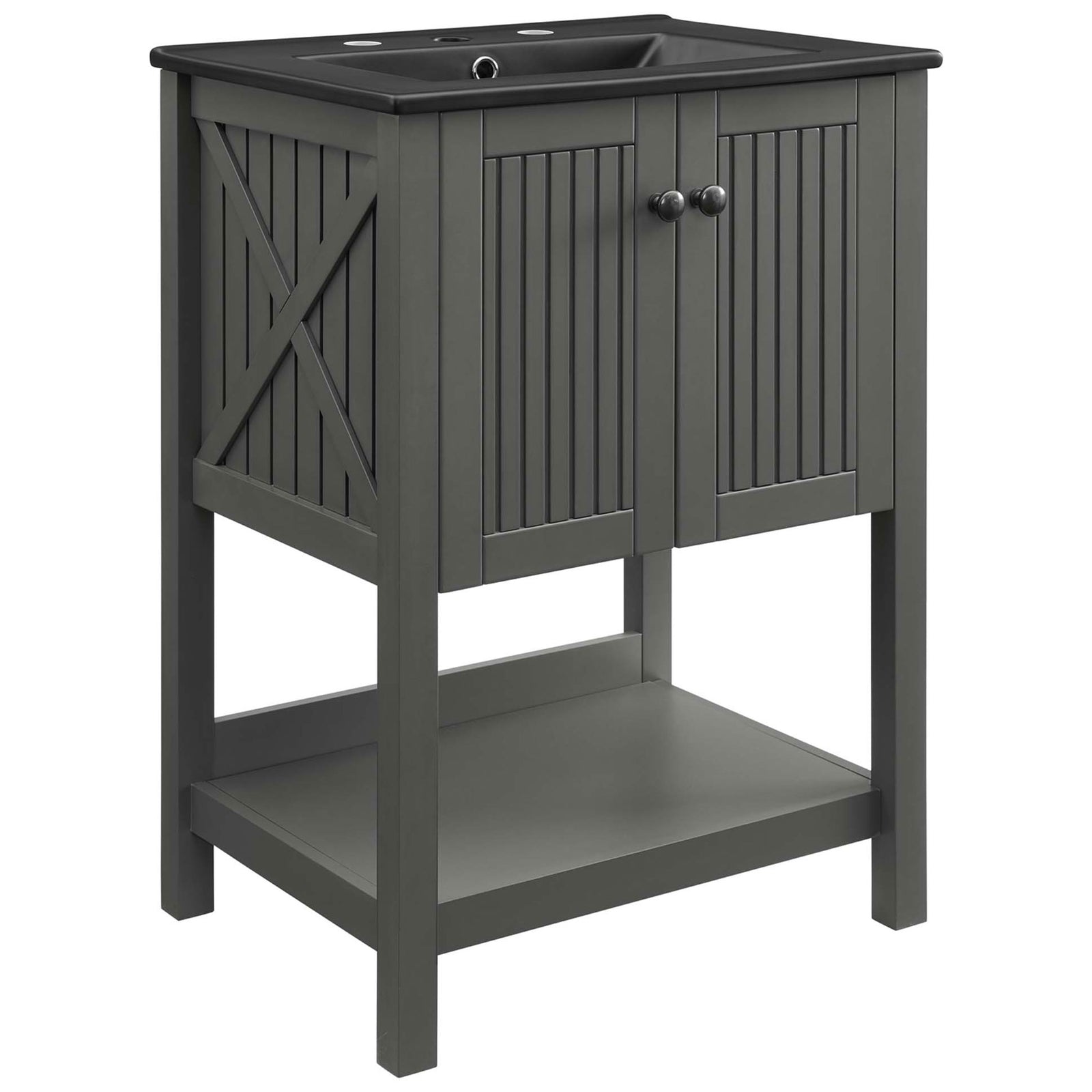 Gray vanity with integrated black basin, vertical slat doors, x-bar side detail, and open lower shelf || EEI-5360-GRY-BLK || front_angle_studio