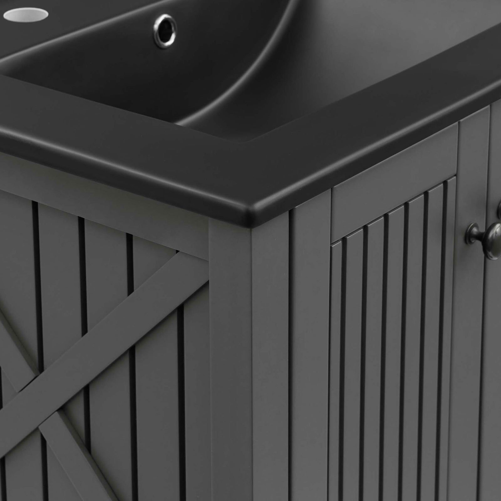Close-up of smooth basin edge, x-bar side detail, and vertical slat door texture || EEI-5360-GRY-BLK || detail_studio