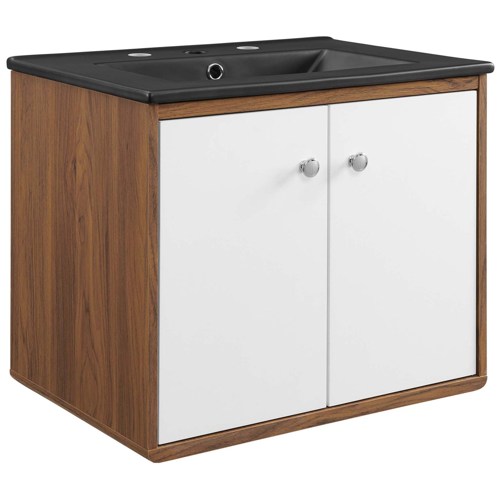Mid-century inspired vanity pairs a black countertop with warm walnut grain and clean white doors || EEI-5362-WHI-BLK || front_angle_studio