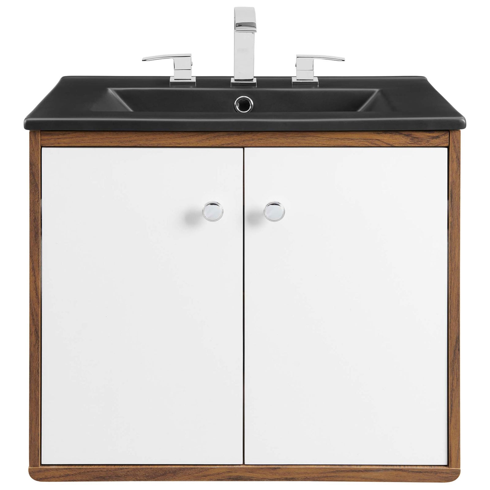 Sleek matte black basin and walnut cabinet, shown with chrome faucet and dual white soft-close doors || EEI-5362-WHI-BLK || front_studio