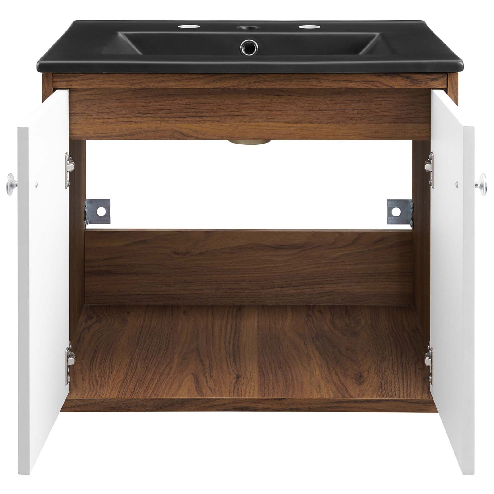 Open double doors reveal generous storage inside the walnut cabinet beneath the integrated sink || EEI-5362-WHI-BLK || front_open_studio