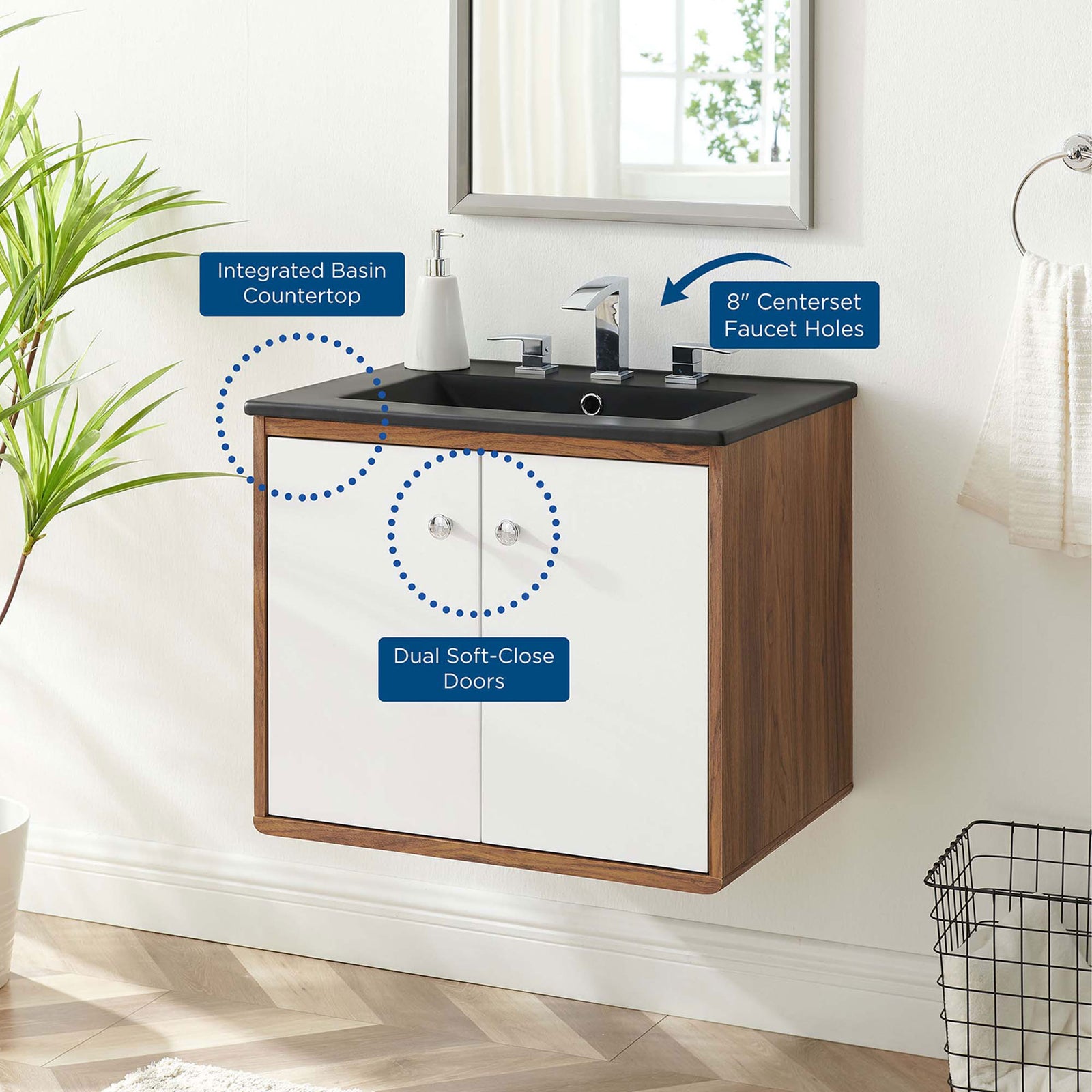 Wall-mounted vanity features an integrated countertop and dual soft-close doors in a modern setting || EEI-5362-WHI-BLK || callout_room