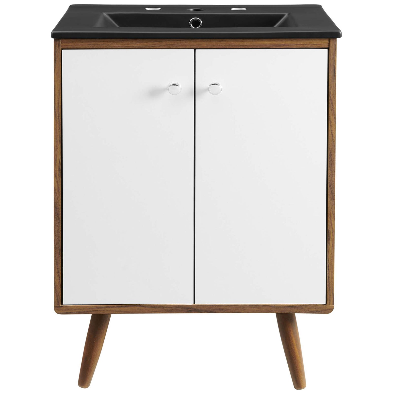 Crisp white doors and a black integrated basin top bring mid-century style to this compact vanity || EEI-5363-WHI-BLK || front_studio
