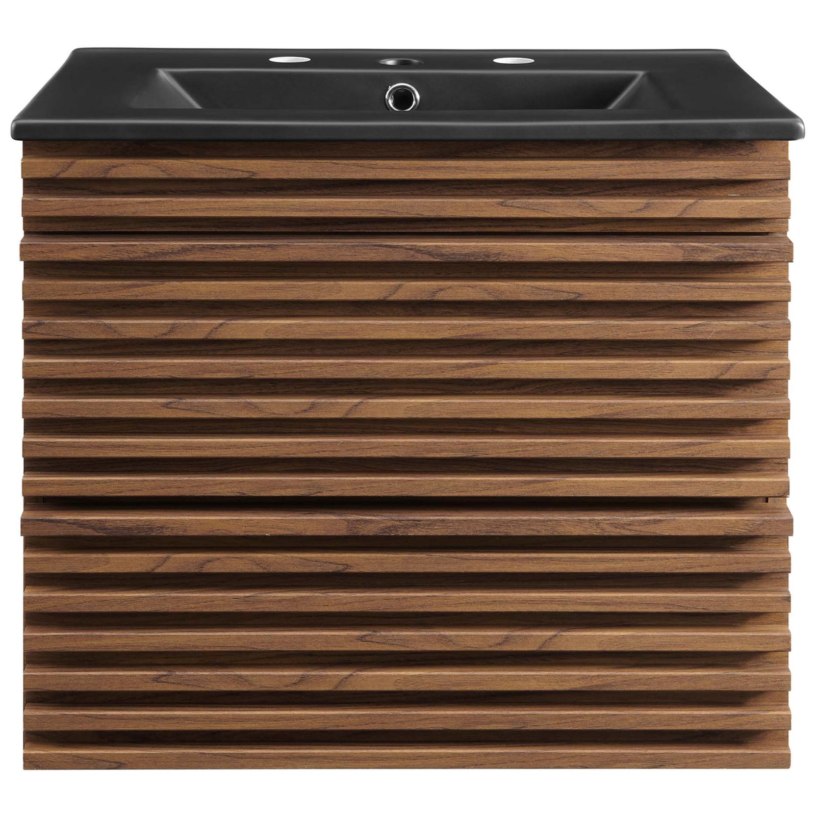 Clean front with horizontal slatted drawers and black sink for a modern, wall-mounted bathroom update. || EEI-5364-WAL-BLK || front_studio