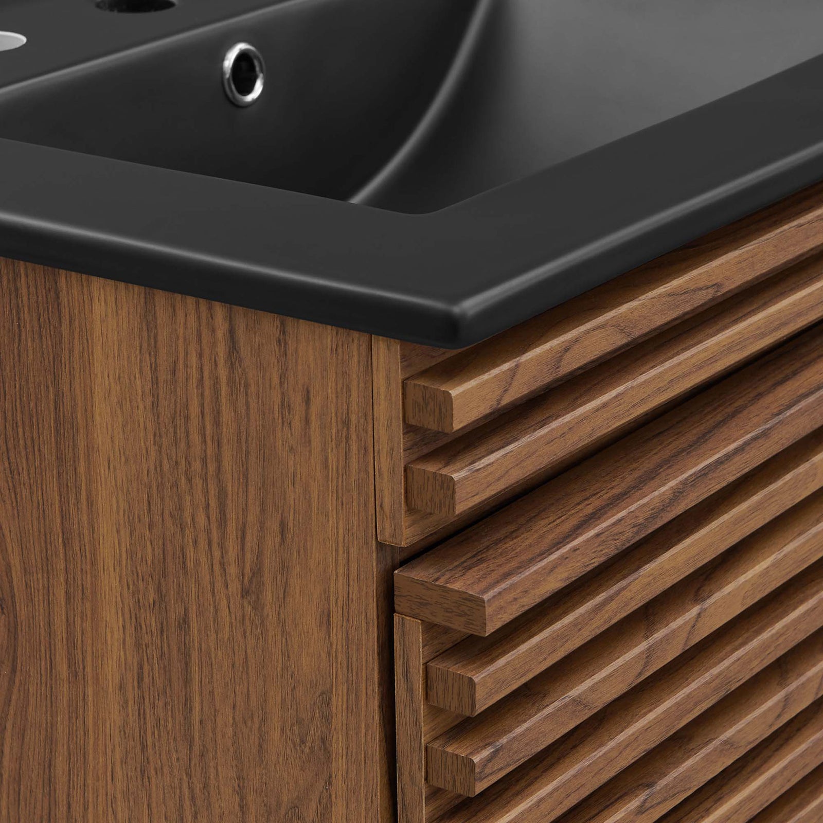 Crisp mitered edges and ribbed drawer facade pair with a smooth matte black basin. || EEI-5364-WAL-BLK || detail_studio