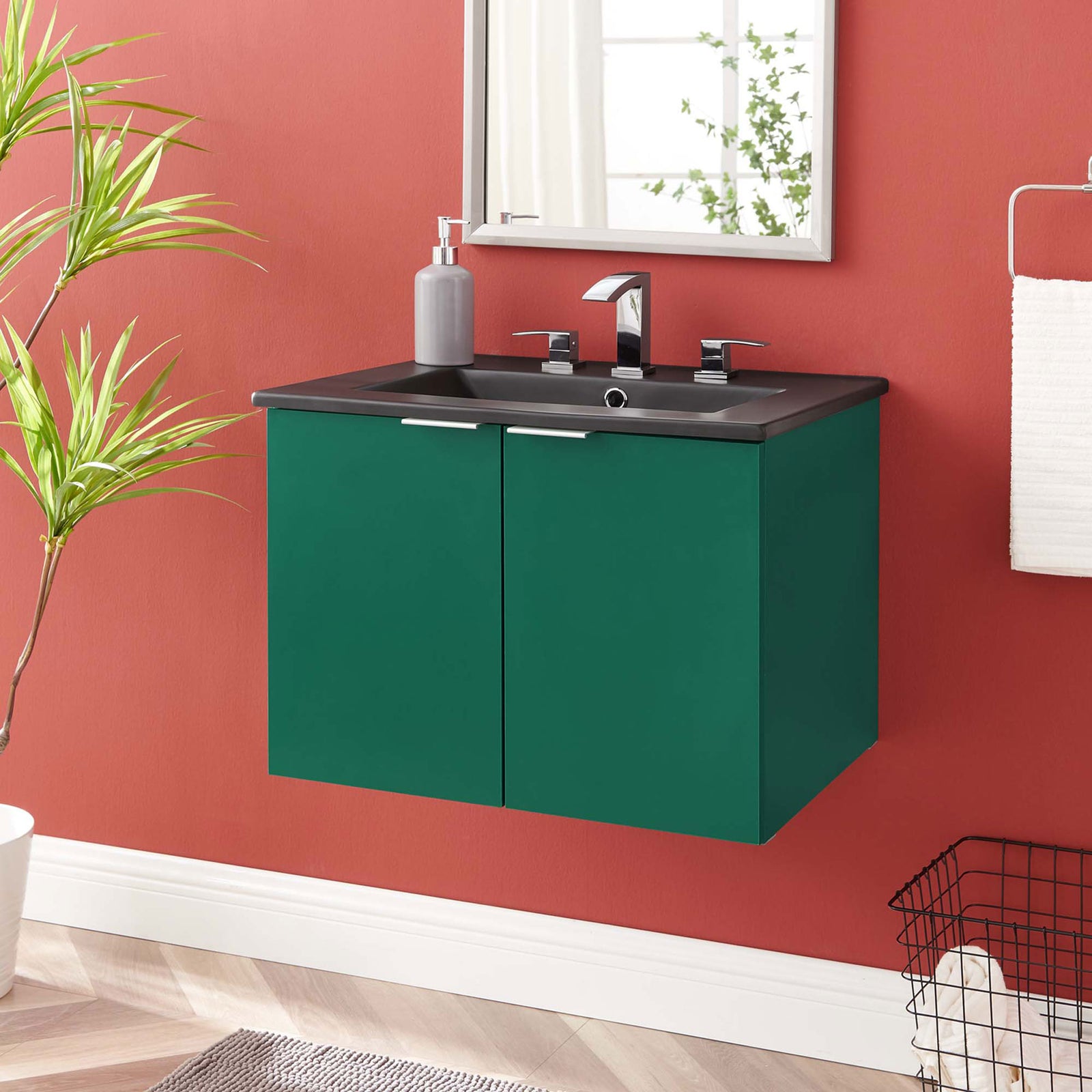 Modern floating vanity with green cabinet, black basin, and sleek chrome-finish pulls || EEI-5370-GRN-BLK || front_angle_room