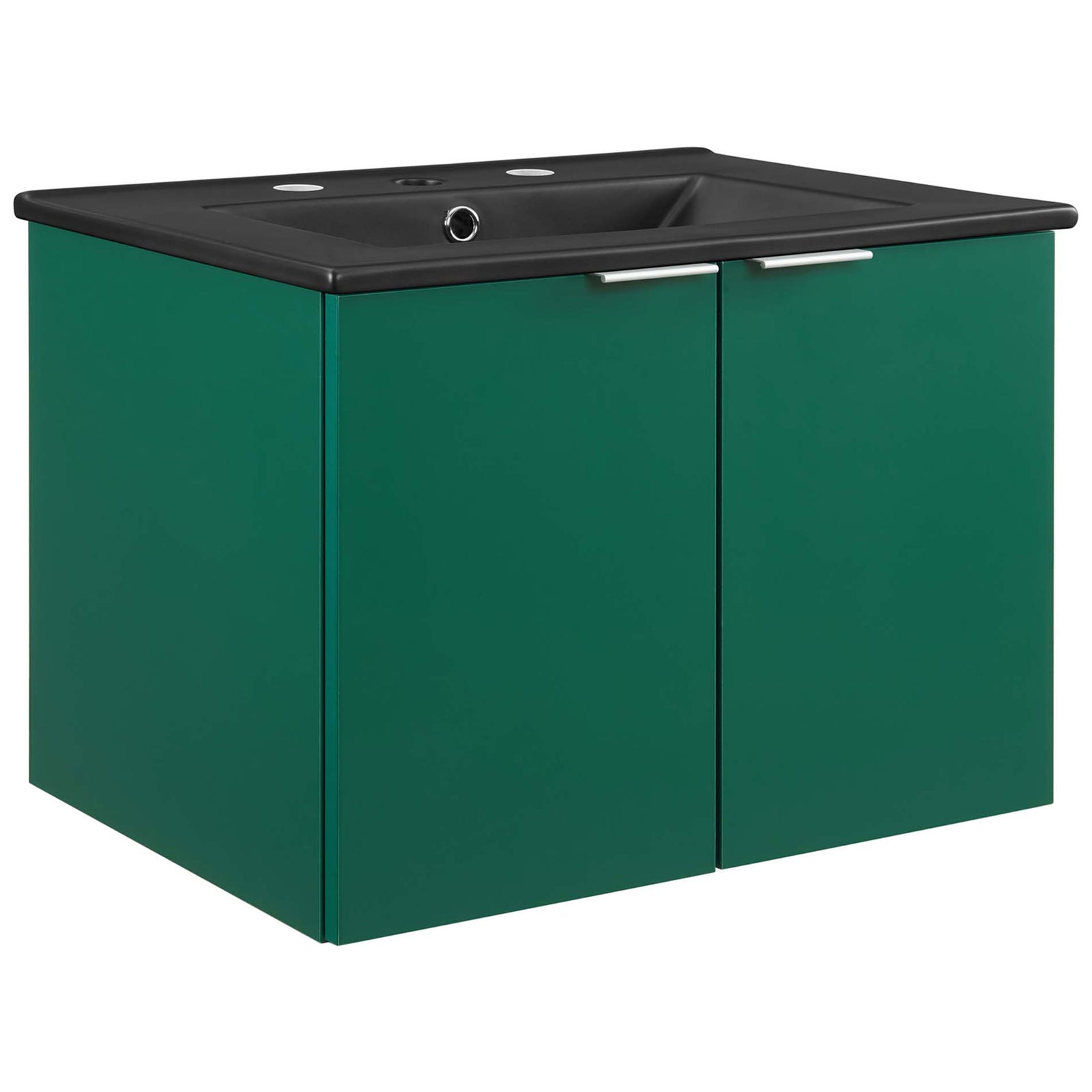 Deep green 24-inch vanity with matte black integrated sink and sleek L-shaped metal pulls || EEI-5370-GRN-BLK || front_angle_studio