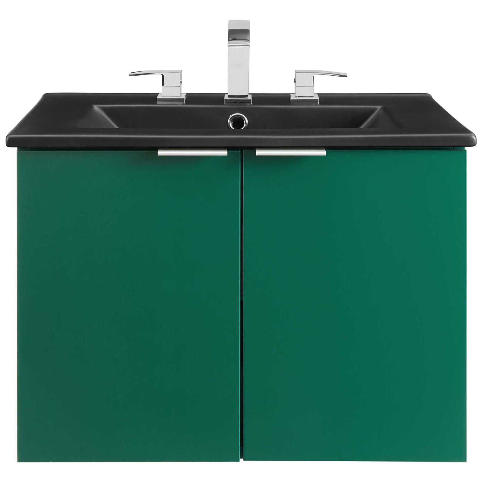 Green vanity with matte black sink, compatible with 8-inch widespread faucets for a polished look || EEI-5370-GRN-BLK || front_studio