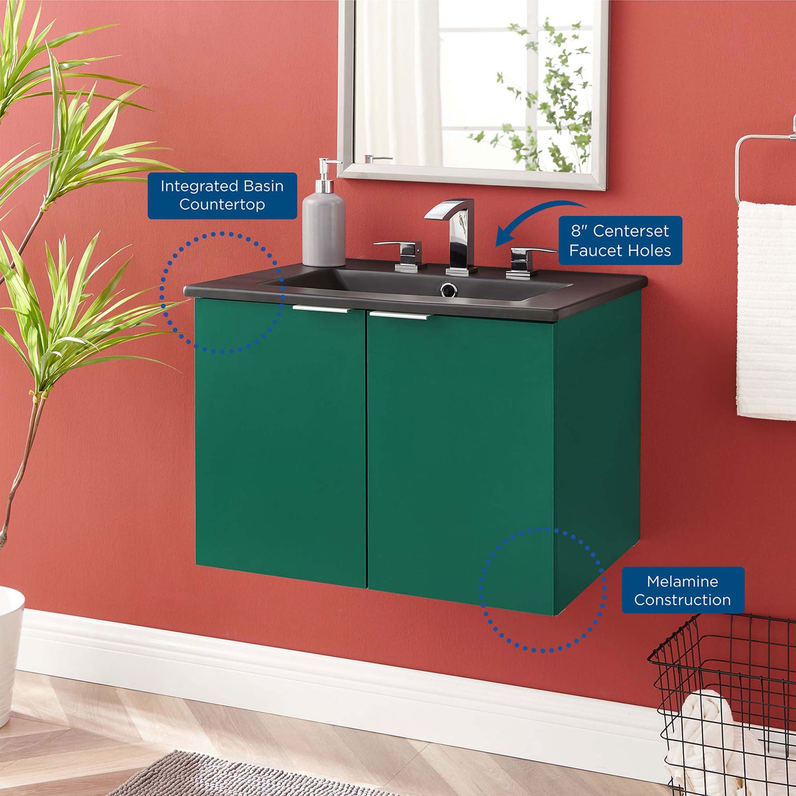 Floating vanity pairs a green cabinet with black integrated sink, ideal for modern bathrooms || EEI-5370-GRN-BLK || callout_room