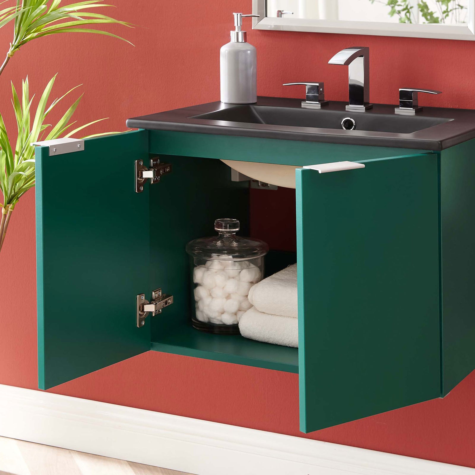 Open doors reveal roomy storage beneath the integrated black sink for everyday bathroom essentials || EEI-5370-GRN-BLK || front_open_room