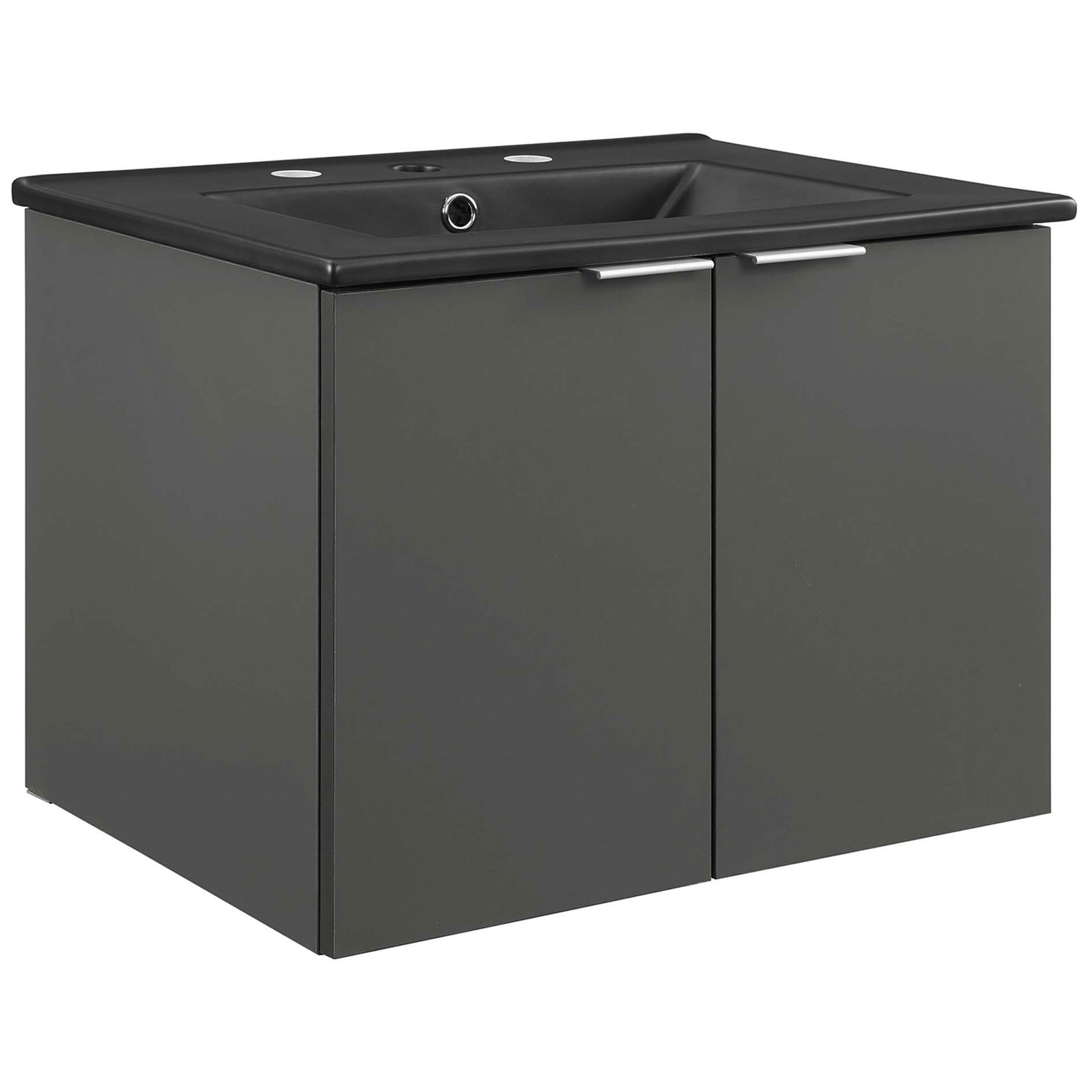 Matte black ceramic sink and gray wall-mount vanity with dual soft-close doors and sleek metal pulls || EEI-5370-GRY-BLK || front_angle_studio