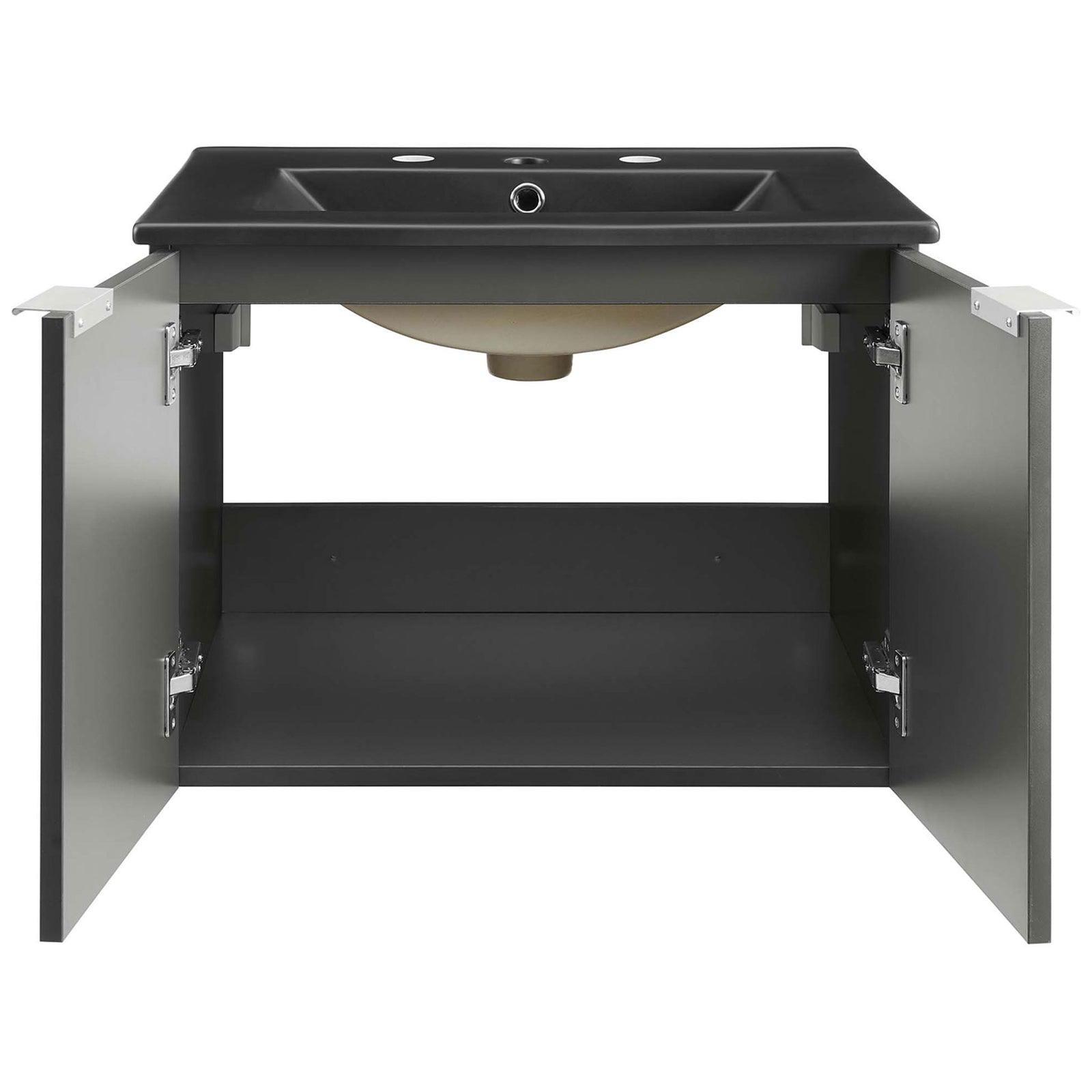 Spacious interior storage is revealed behind two soft-close doors beneath the integrated black sink || EEI-5370-GRY-BLK || front_open_studio