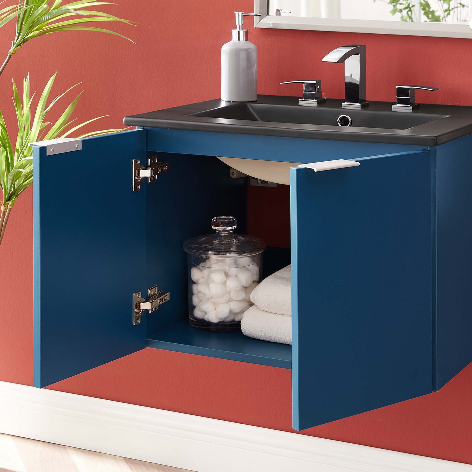 Wall-mounted vanity with doors open for easy storage access || EEI-5370-NAV-BLK || front_open_room