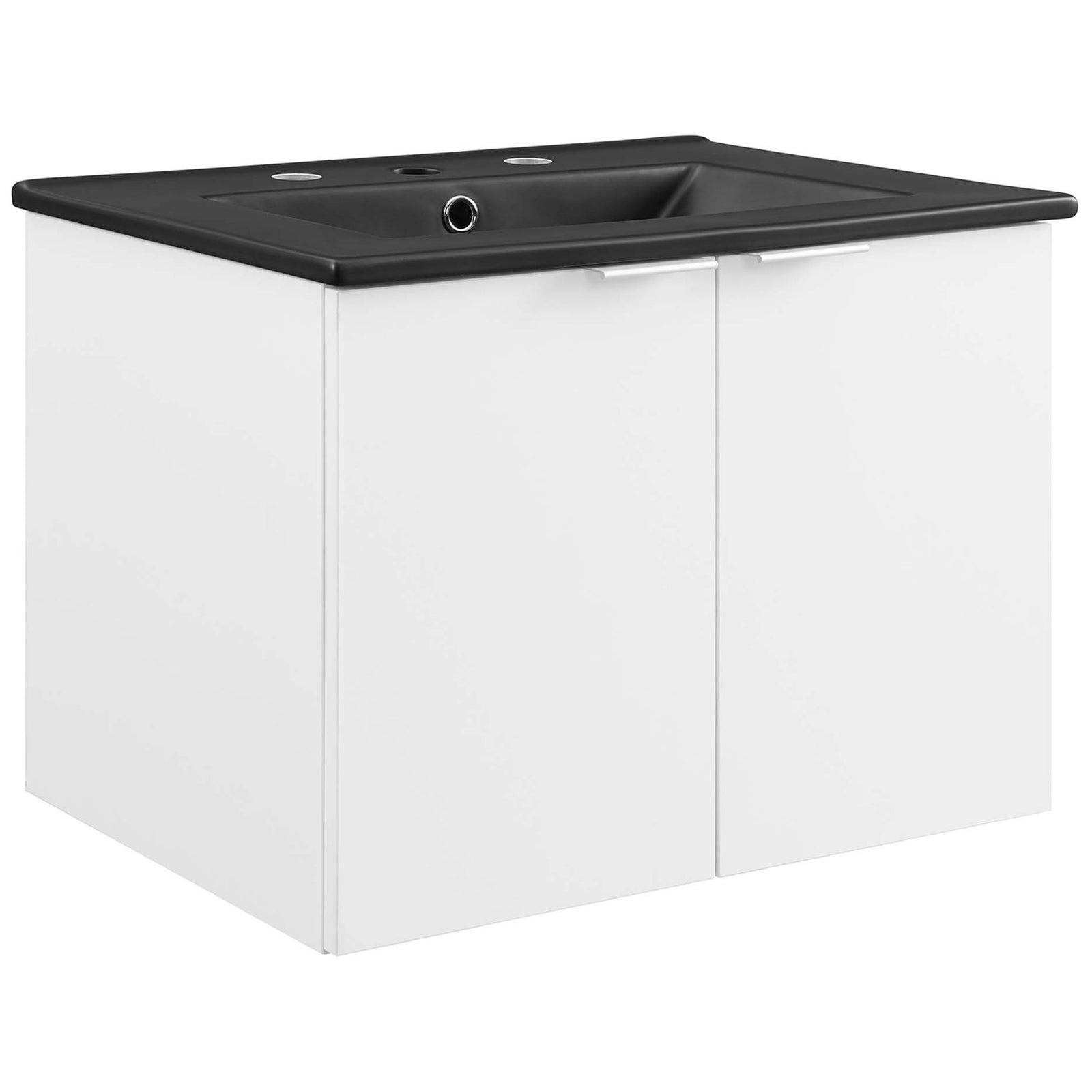 Wall-mounted vanity pairs a black integrated basin with a crisp white cabinet || EEI-5370-WHI-BLK || front_angle_studio