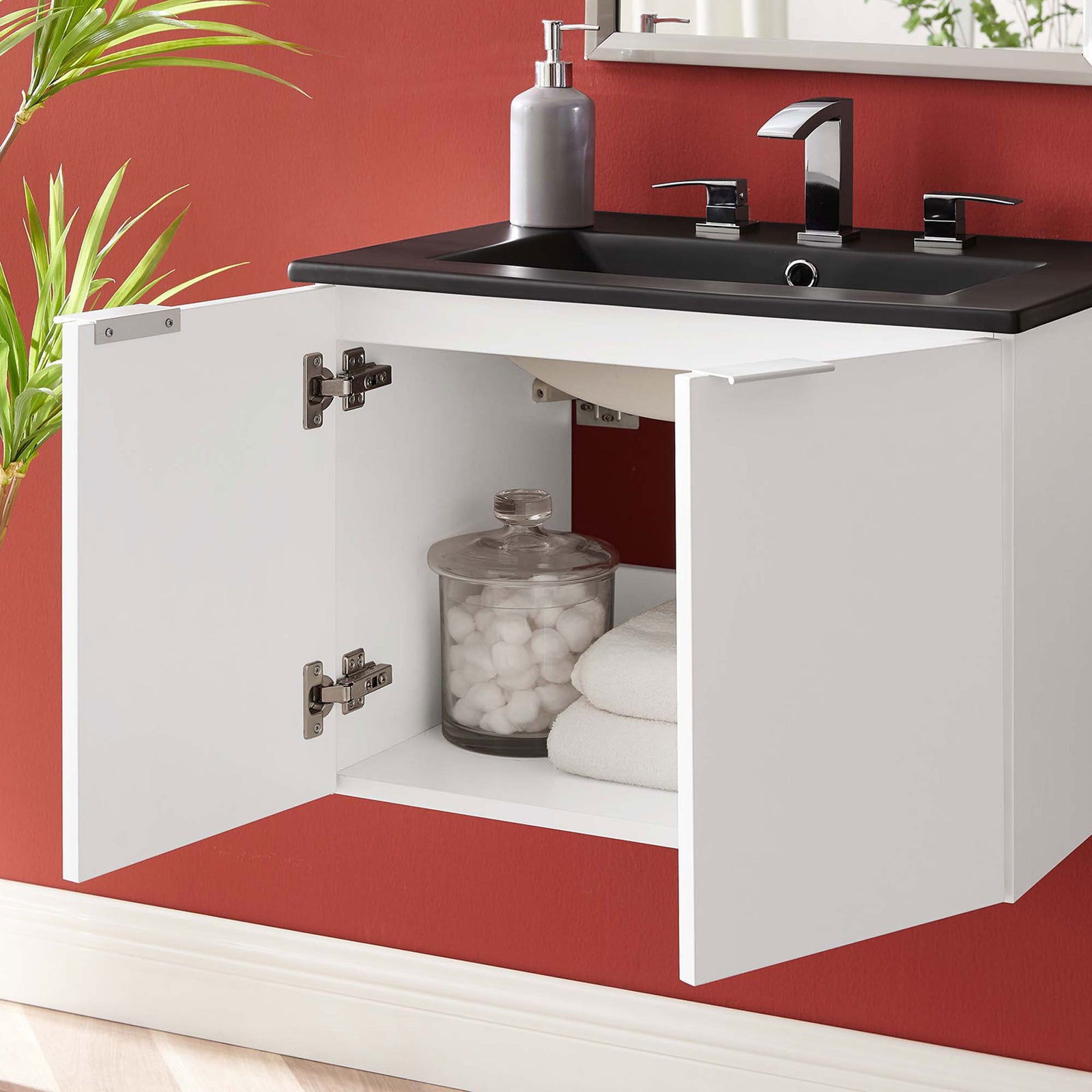 Open doors reveal roomy storage for towels and toiletries || EEI-5370-WHI-BLK || front_open_room