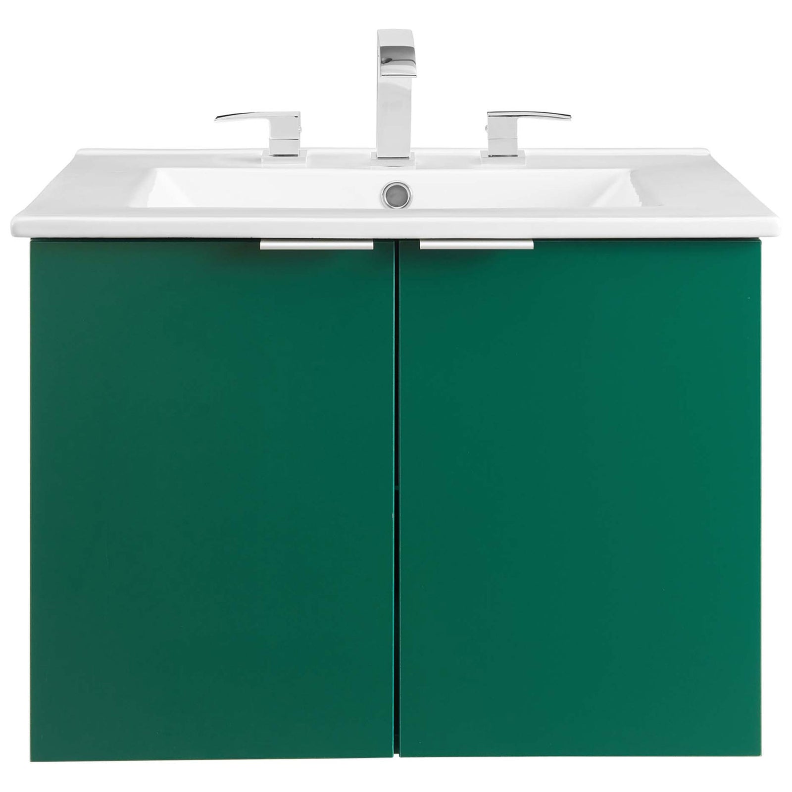 Vanity with integrated ceramic sink and three-hole faucet setup, finished in rich green melamine. || EEI-5379-GRN-WHI || front_studio