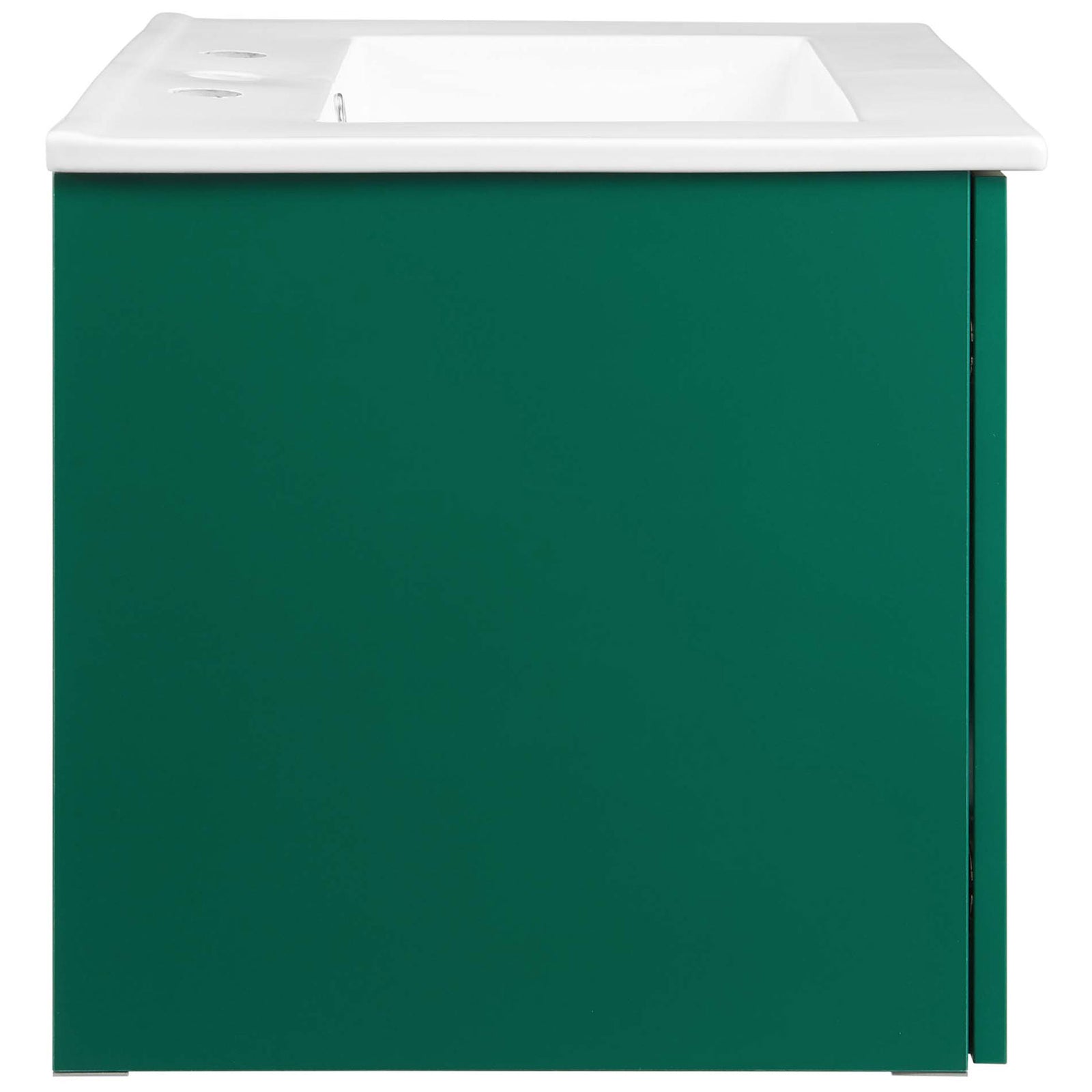 Slim wall-hung profile with seamless green melamine sides and a clean, integrated sink. || EEI-5379-GRN-WHI || side_studio