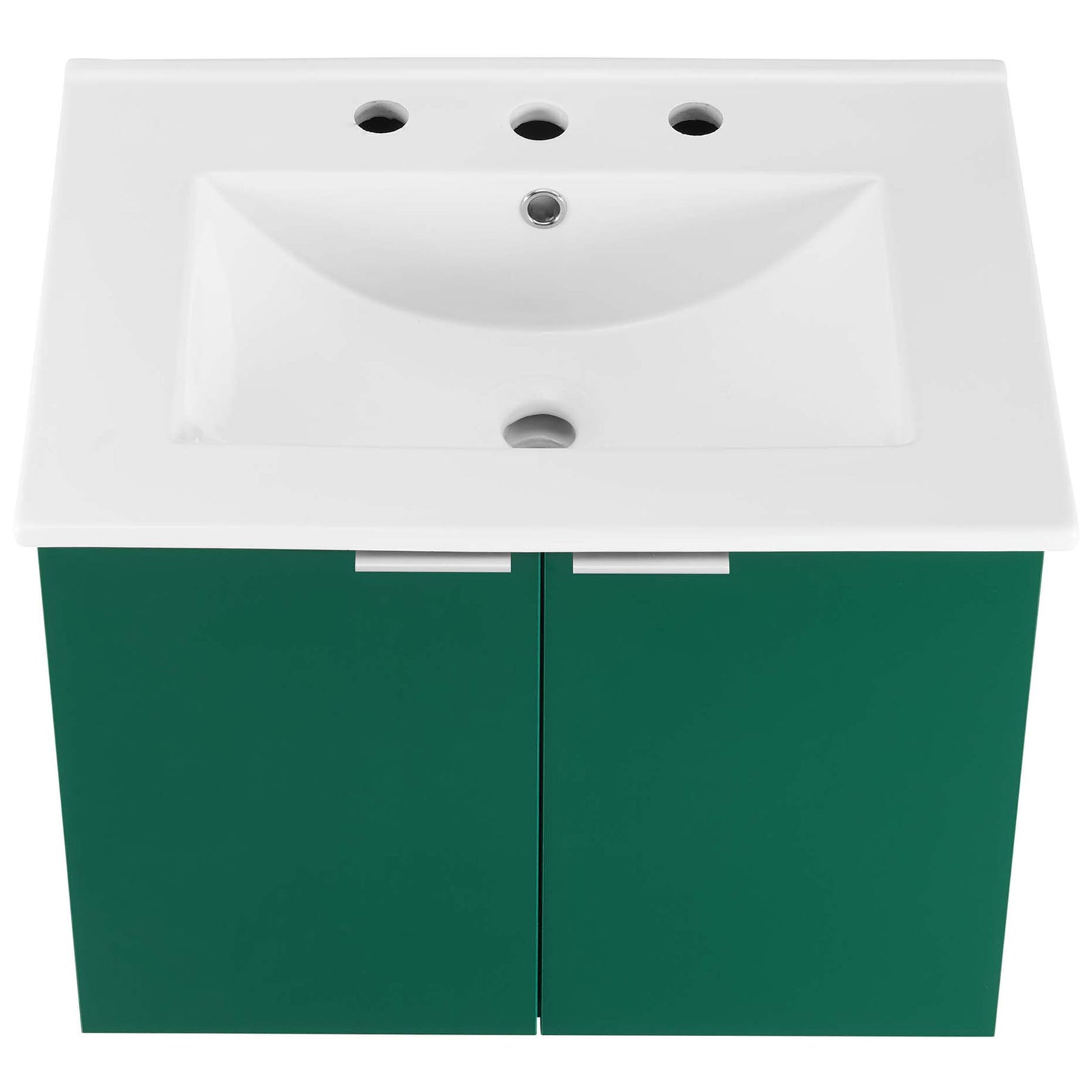 Rectangular ceramic basin with integrated countertop and three faucet holes. || EEI-5379-GRN-WHI || top_studio