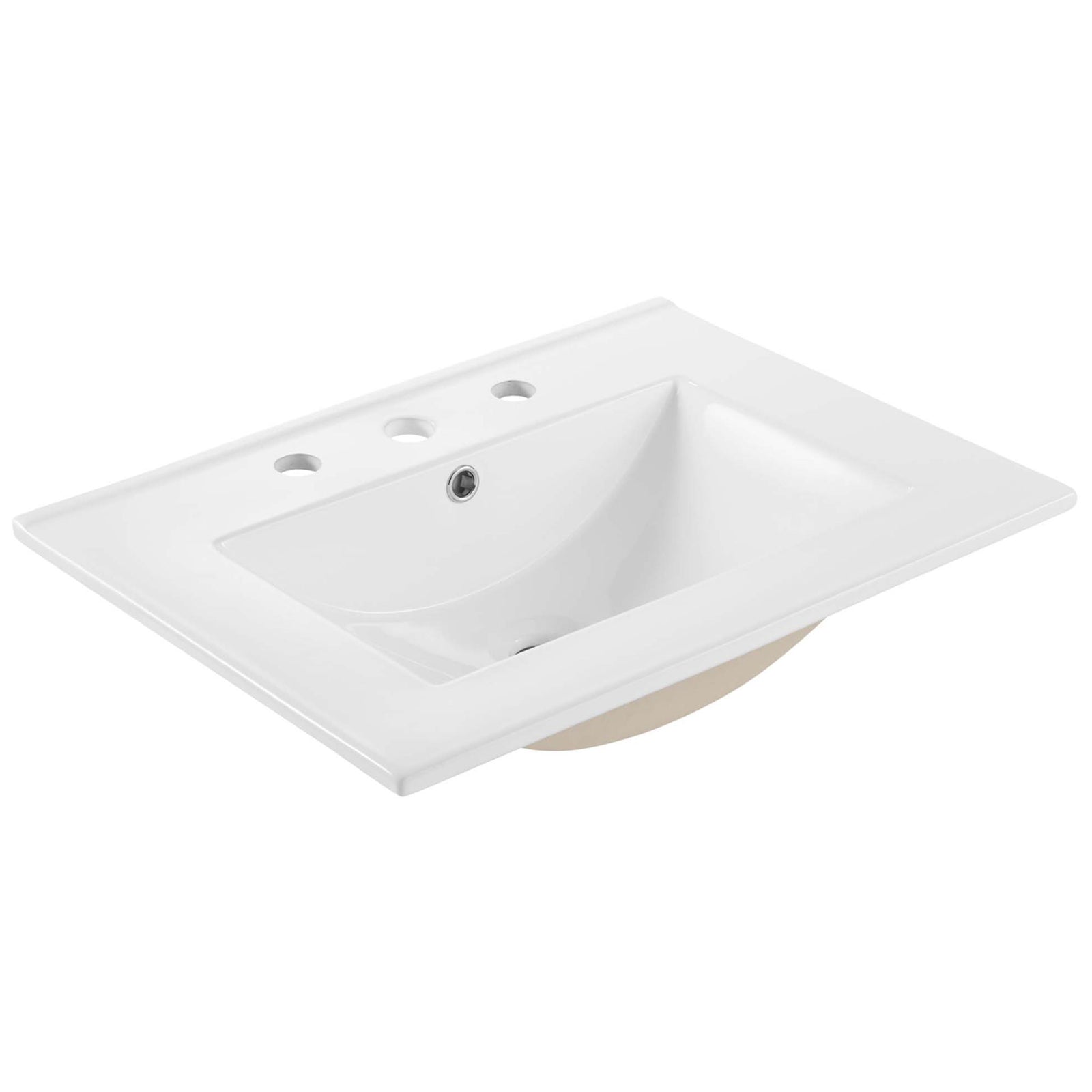 White ceramic sink with integrated countertop and three-hole faucet configuration. || EEI-5379-GRN-WHI || front_angle_partial_studio