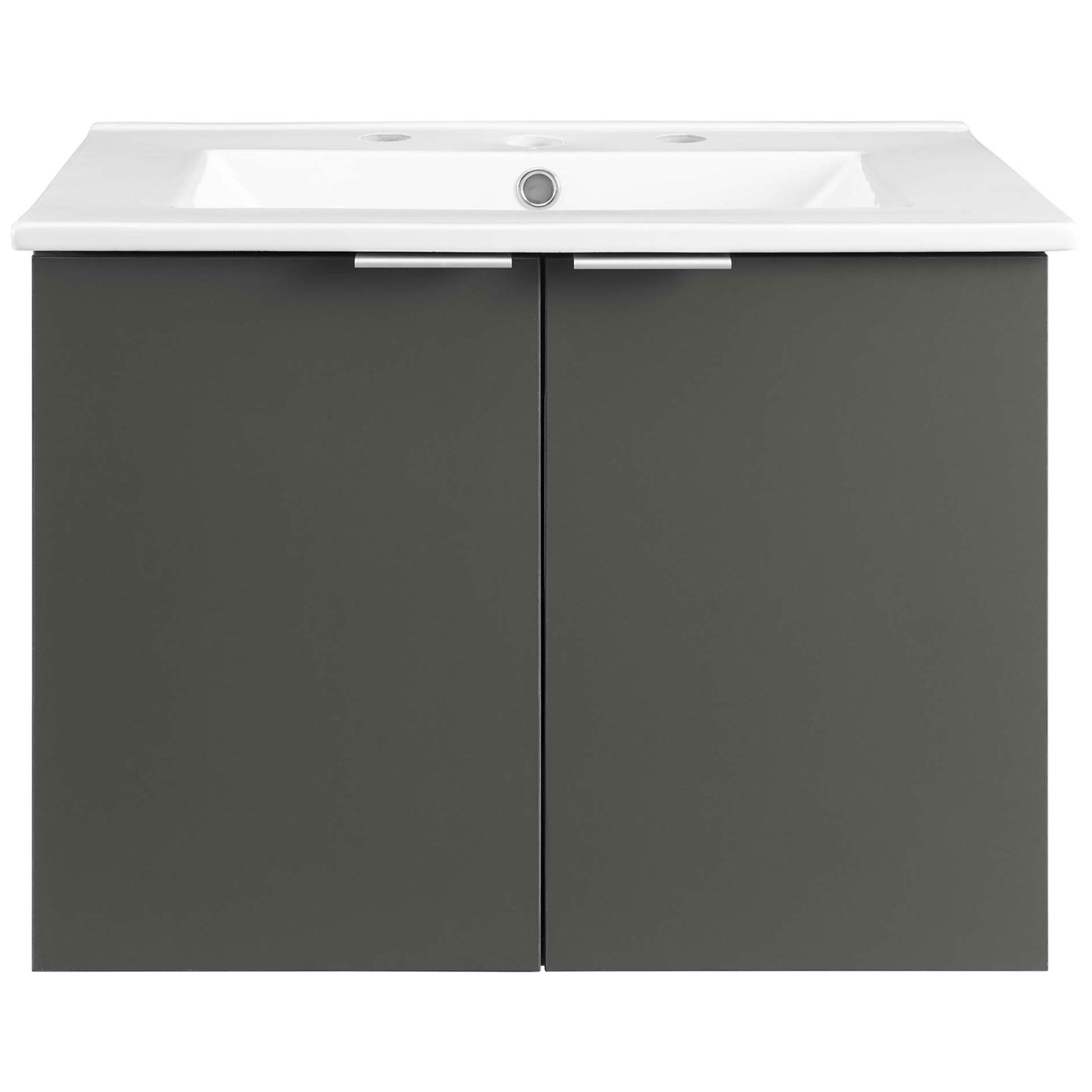 Compact wall-mount vanity in gray with integrated ceramic sink and sleek L-shaped pulls || EEI-5379-GRY-WHI || front_studio