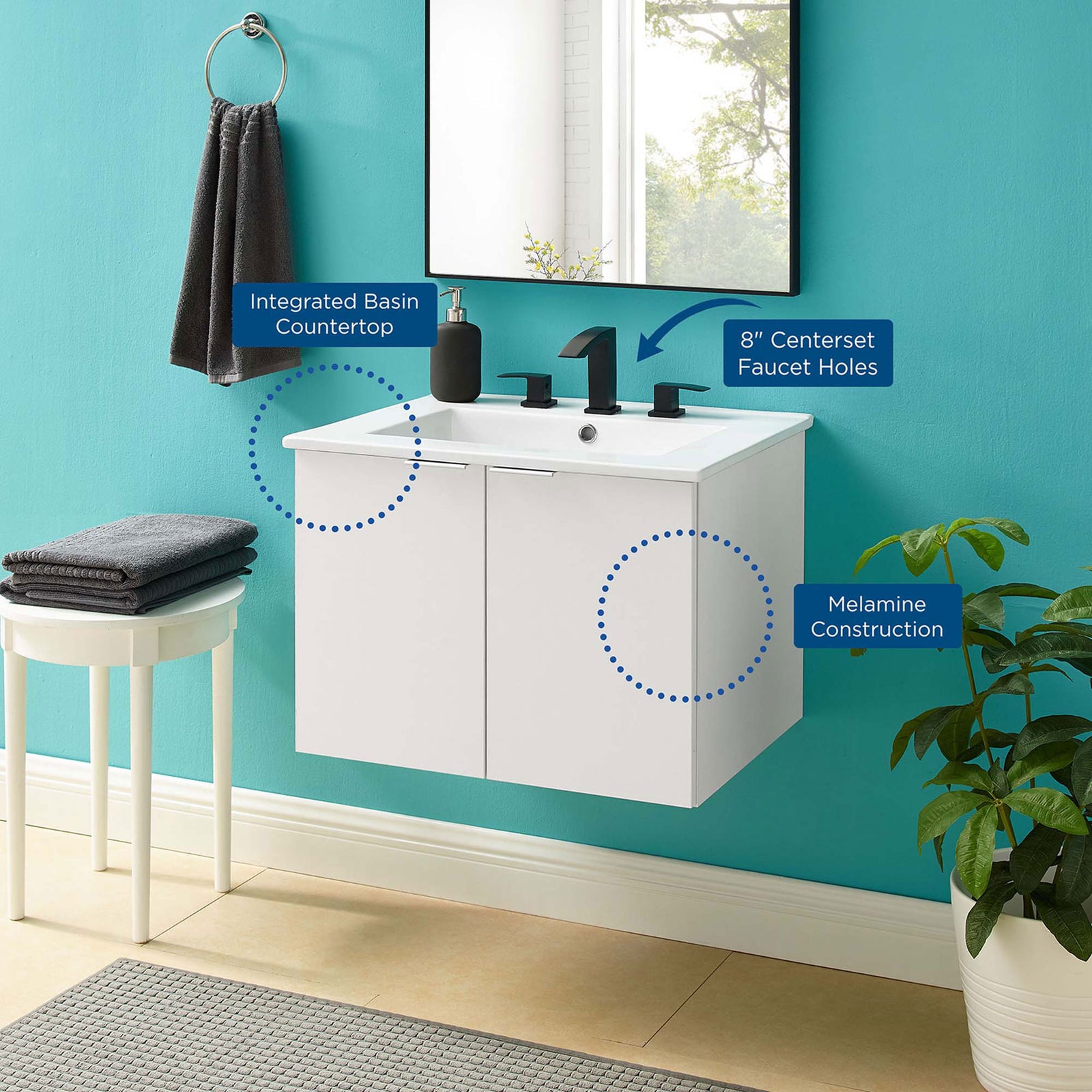 Feature highlights: integrated countertop, 8-inch widespread faucet holes, melamine construction || EEI-5379-WHI-WHI || callout_room