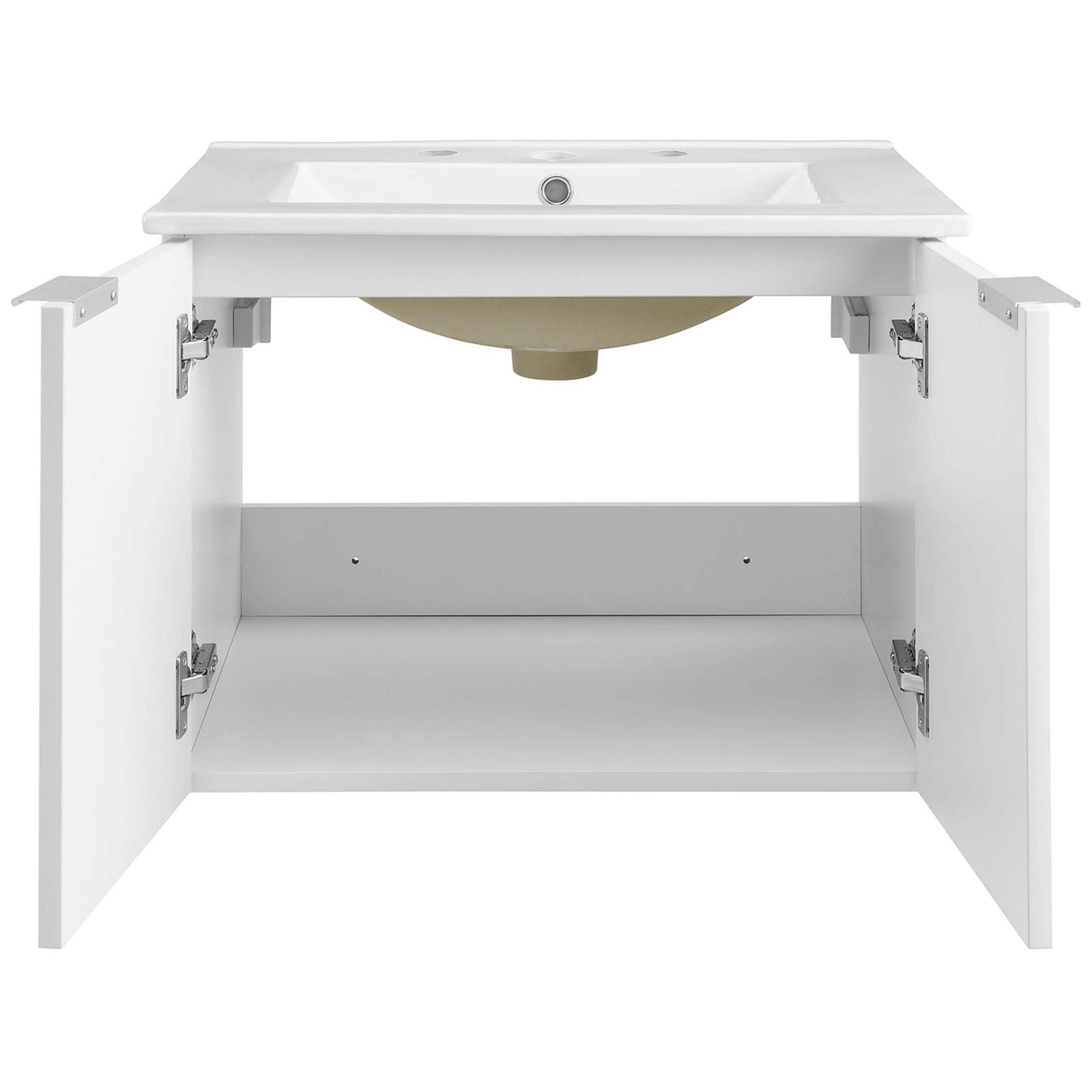 Spacious interior shelf and soft-close hinges keep bath essentials neatly organized || EEI-5379-WHI-WHI || front_open_studio