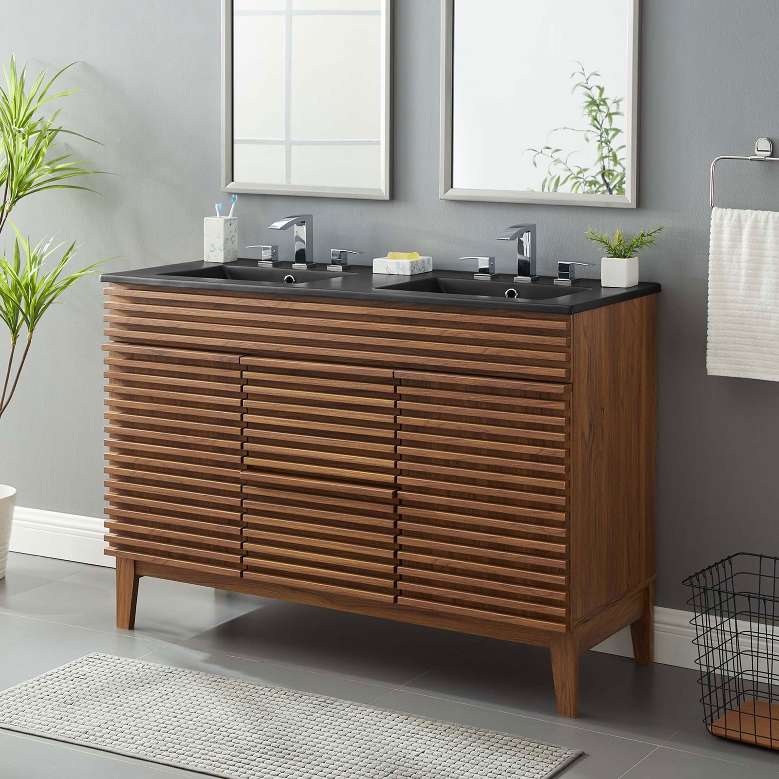 Walnut and black double sink vanity elevates any bath with warm tone and modern lines. || EEI-5381-WAL-BLK || front_angle_room