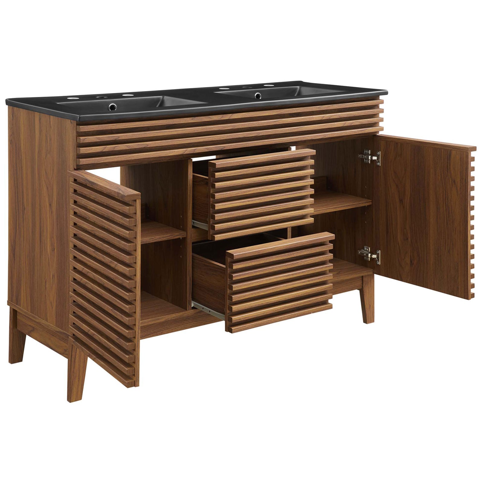 Spacious interior with soft-close doors and full-extension drawers keeps bathroom essentials organized. || EEI-5381-WAL-BLK || front_angle_open_studio