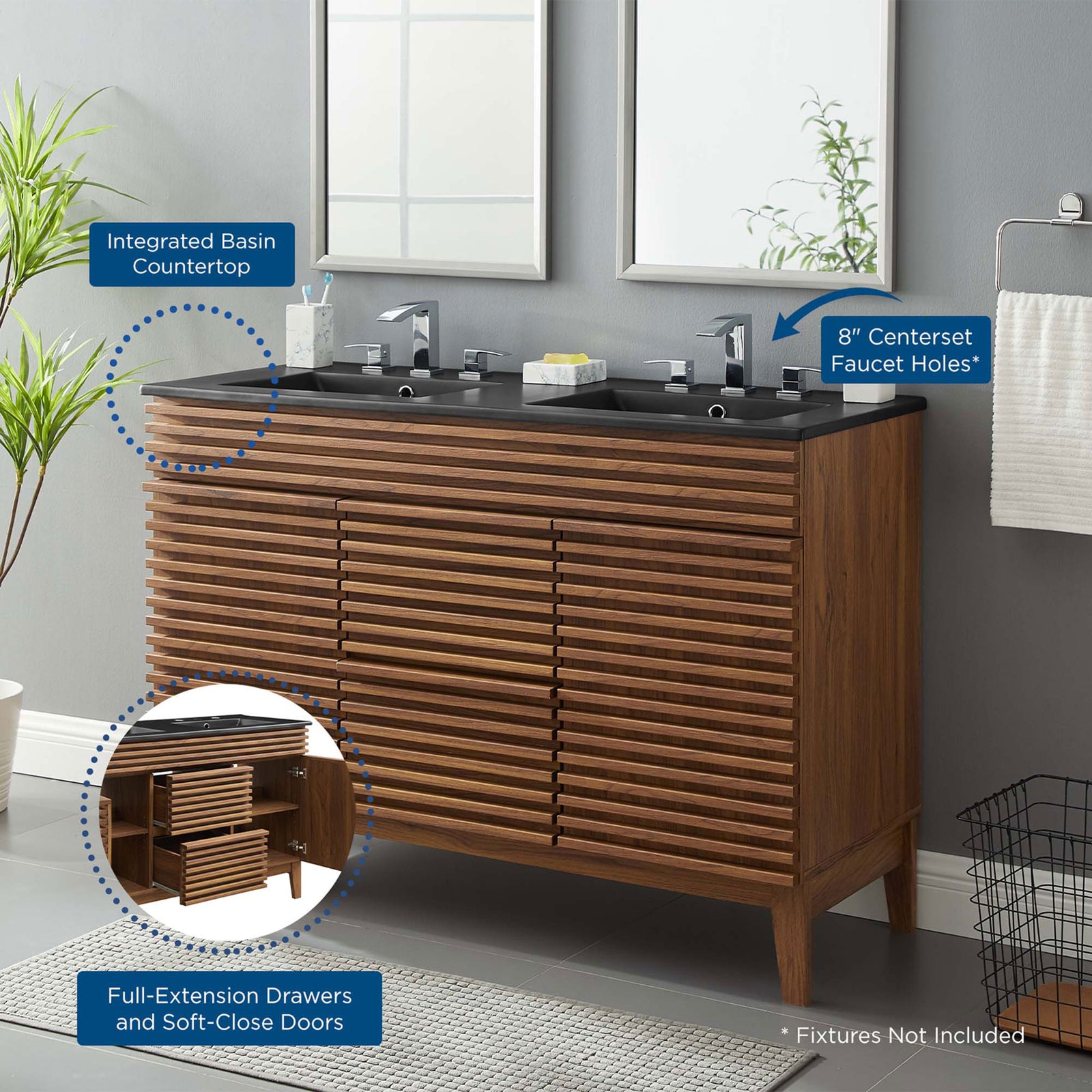 Integrated countertop, full-extension storage, and 8-inch faucet holes for easy planning. || EEI-5381-WAL-BLK || callout_room