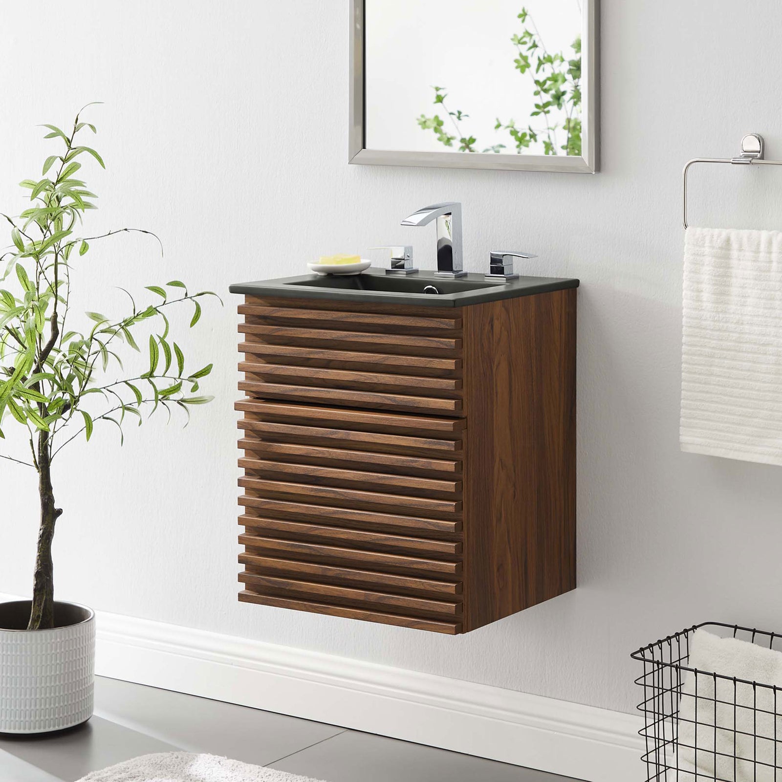Modern wall-hung vanity brings mid-century warmth in walnut with a bold matte black sink. || EEI-5390-WAL-BLK || front_room