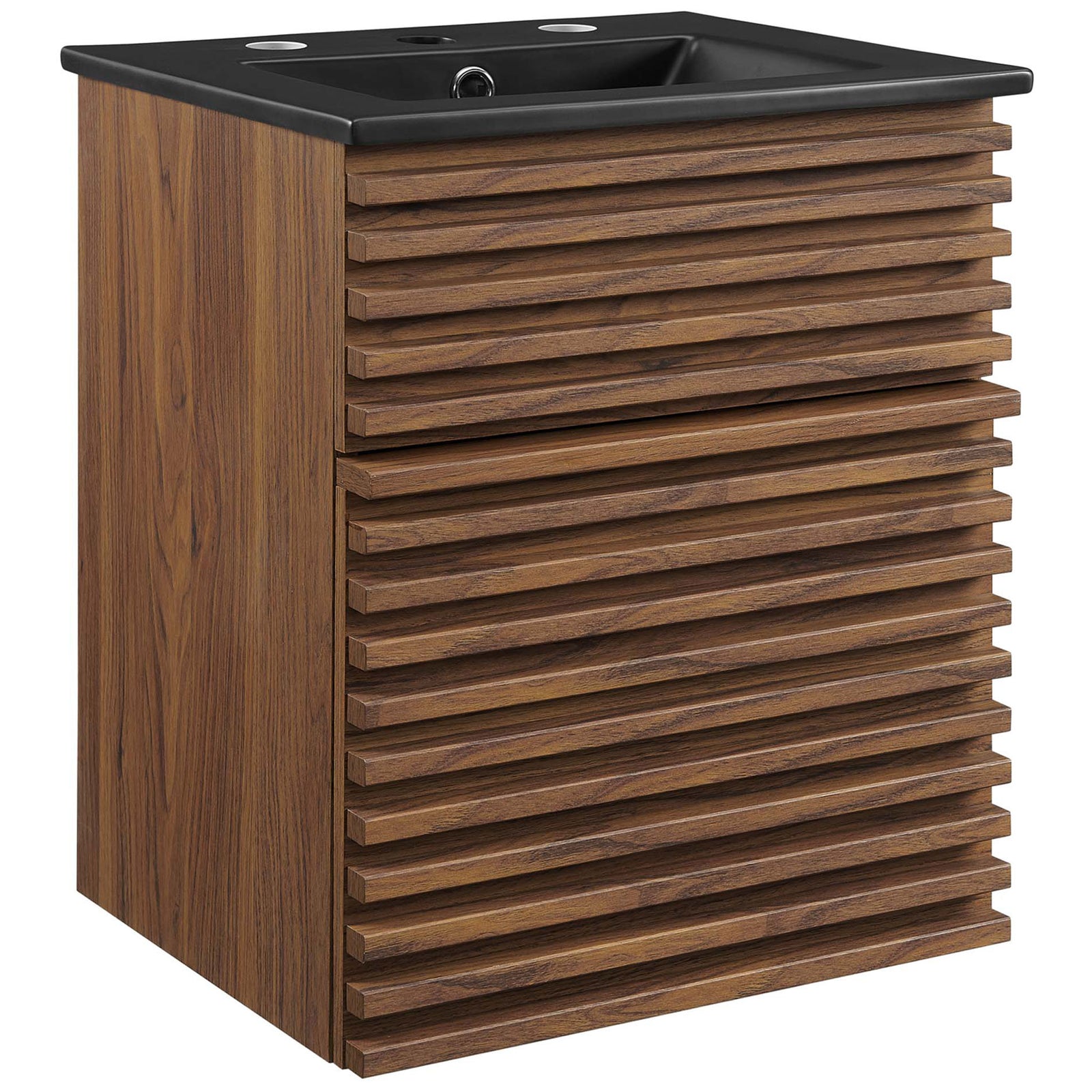 Compact 18-inch wall-mount vanity with walnut slatted drawer and matte black integrated ceramic sink. || EEI-5390-WAL-BLK || front_angle_studio