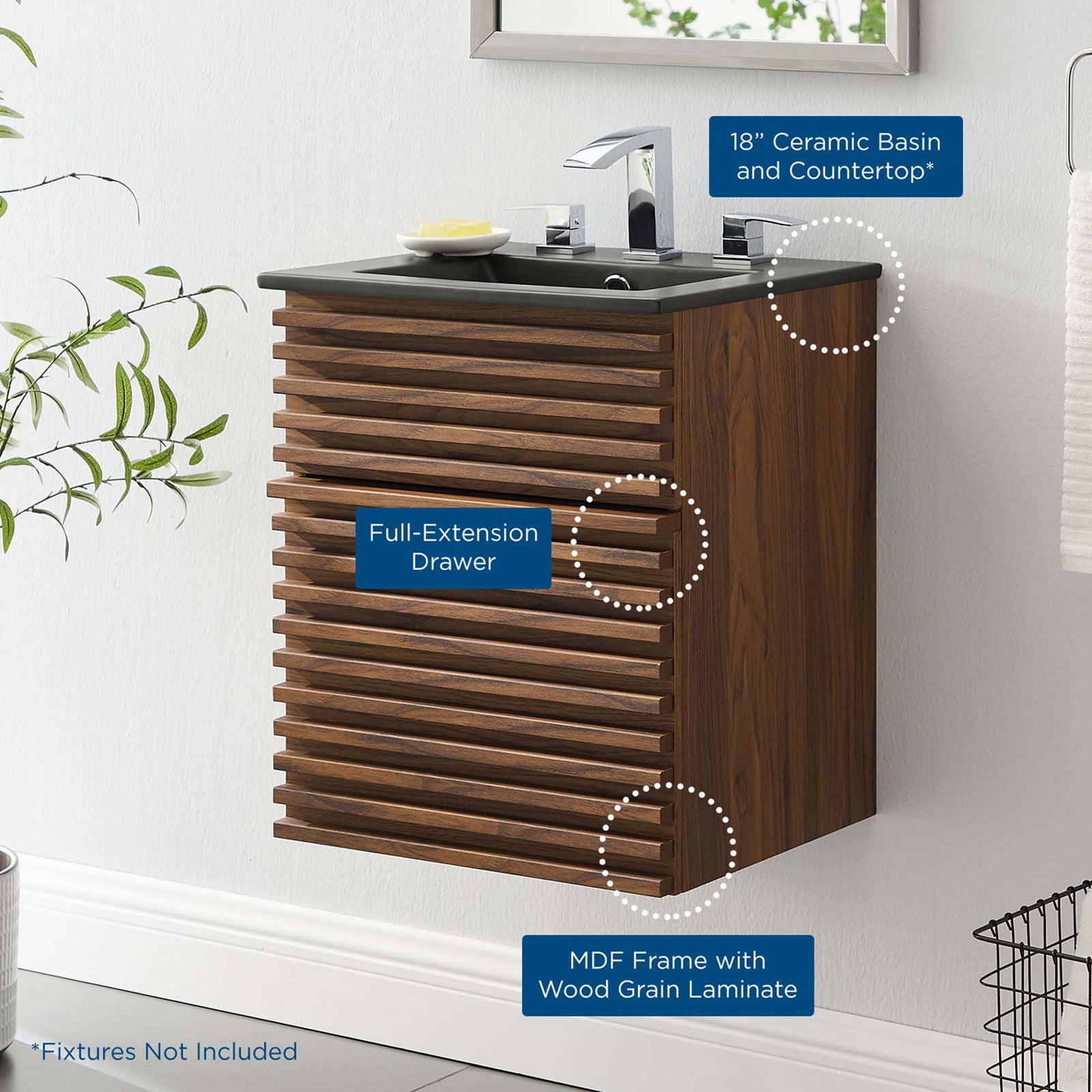Key features highlighted: 18-inch ceramic top, full-extension drawer, and durable wood-grain finish. || EEI-5390-WAL-BLK || callout_room