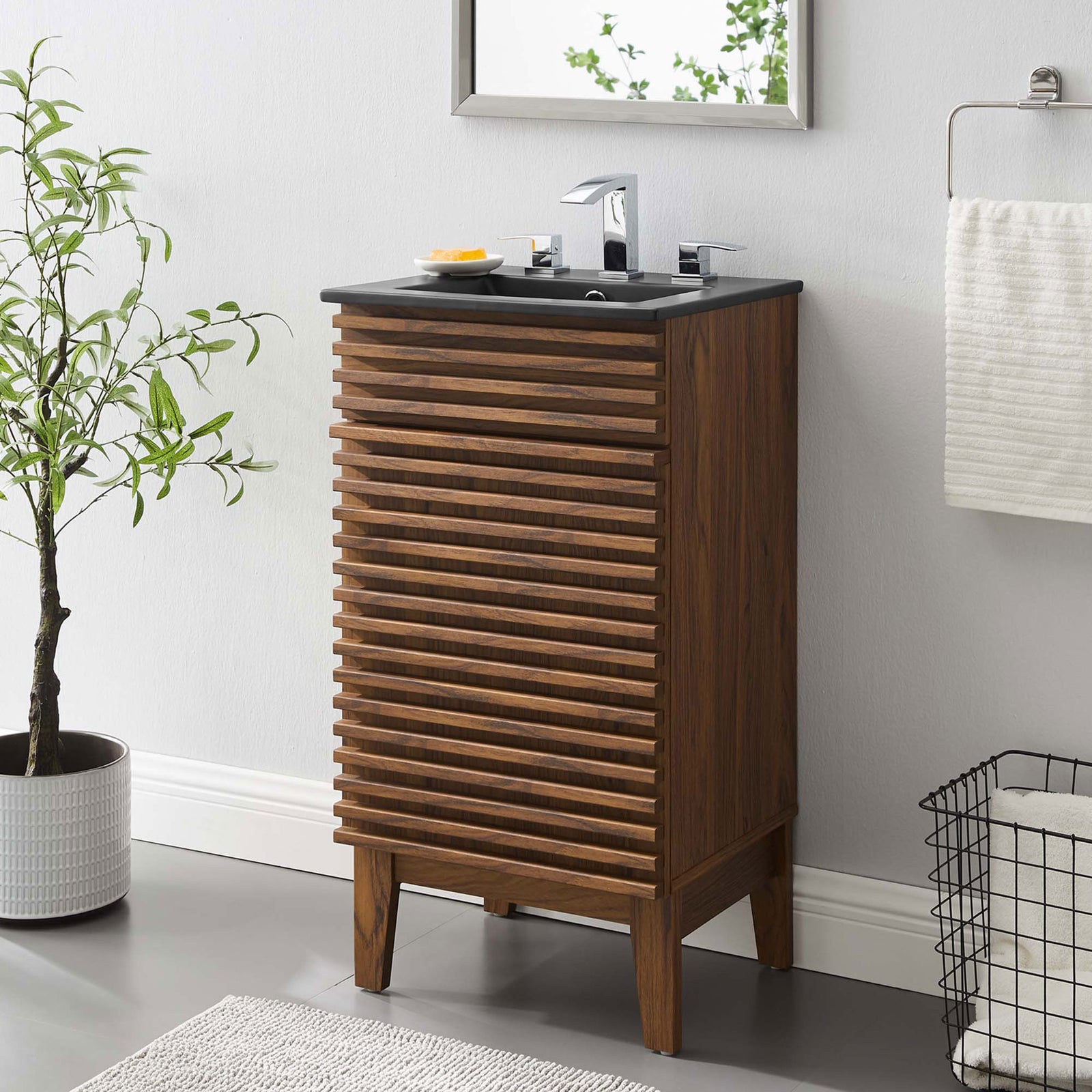 Streamlined walnut vanity with black basin elevates a bright, minimalist bath || EEI-5391-WAL-BLK || front_angle_room