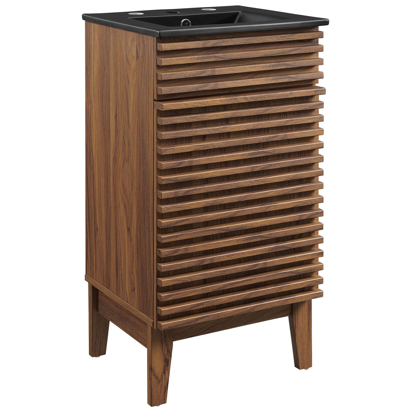 Walnut vanity with slatted front and matte black basin top on tapered legs, compact 18-inch design || EEI-5391-WAL-BLK || front_angle_studio