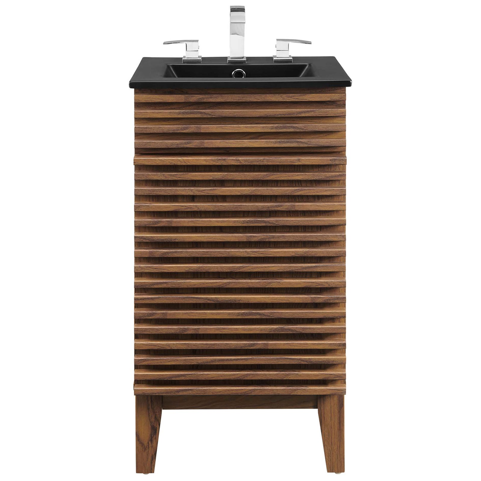 Walnut slatted vanity with matte black basin and faucet installed for a polished, modern touch || EEI-5391-WAL-BLK || front_studio