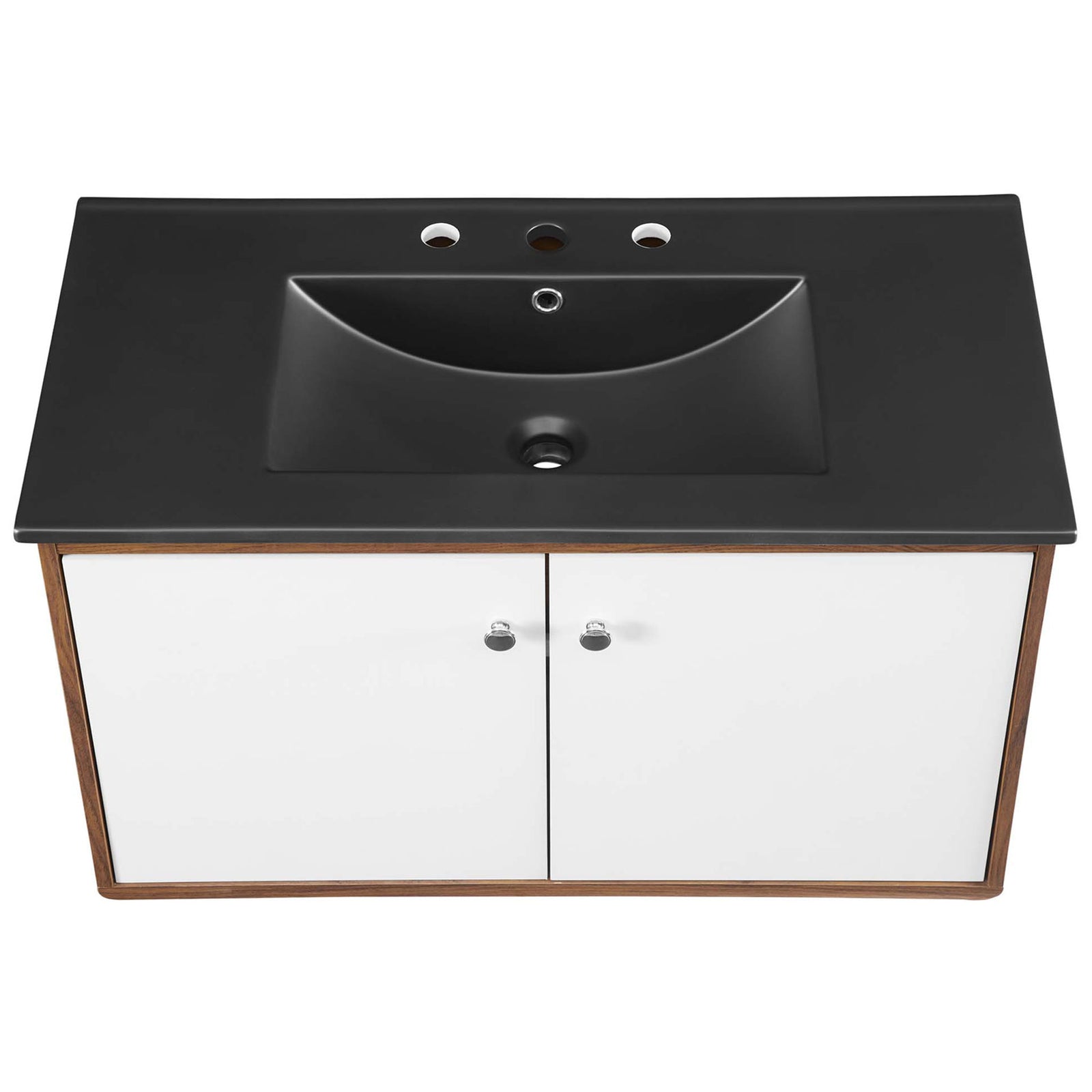 Integrated rectangular sink with three faucet holes and smooth, rounded counter edges || EEI-5393-WAL-BLK || top_studio