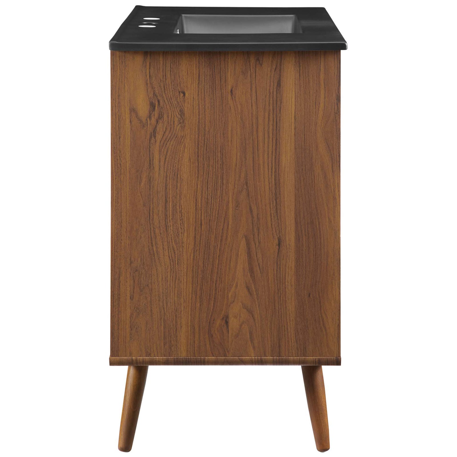 Streamlined walnut side panel and tapered legs underscore the vanity's elegant simplicity || EEI-5394-WAL-BLK || side_studio