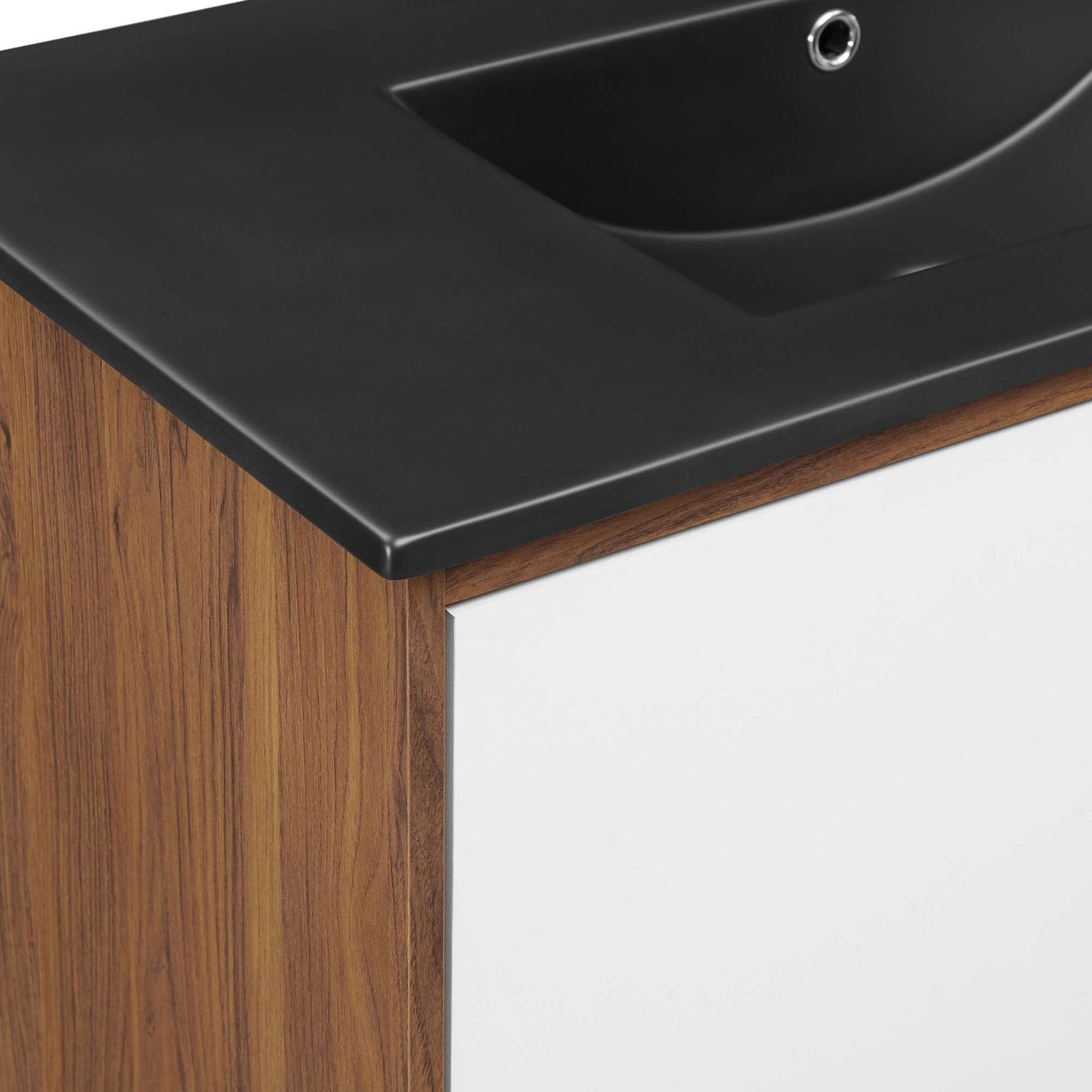 Refined edge detailing unites the matte counter with warm walnut veneer for a polished look || EEI-5394-WAL-BLK || detail_studio