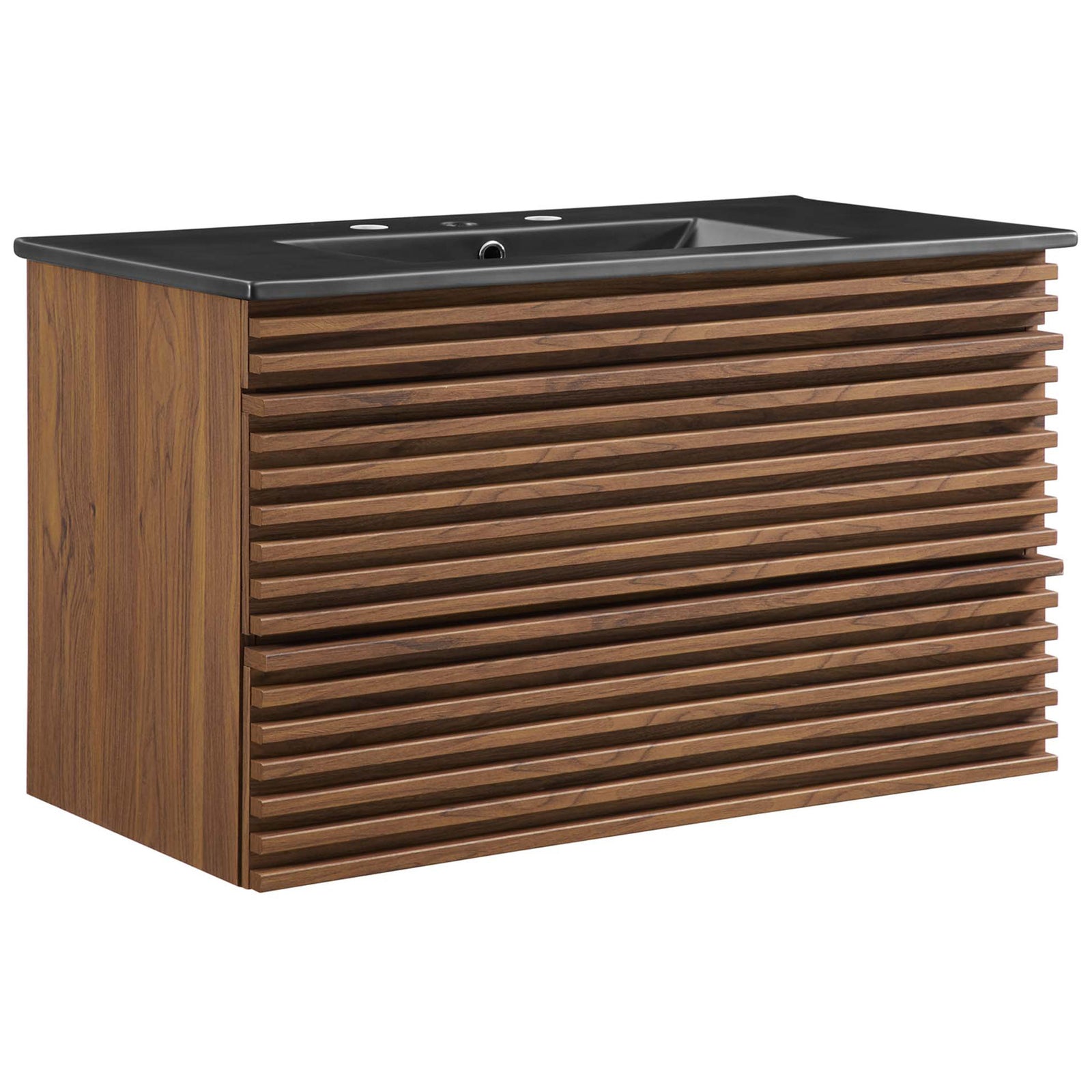 Wider wall-mount vanity with black integrated sink and sculpted walnut slatted drawers. || EEI-5395-WAL-BLK || front_angle_studio