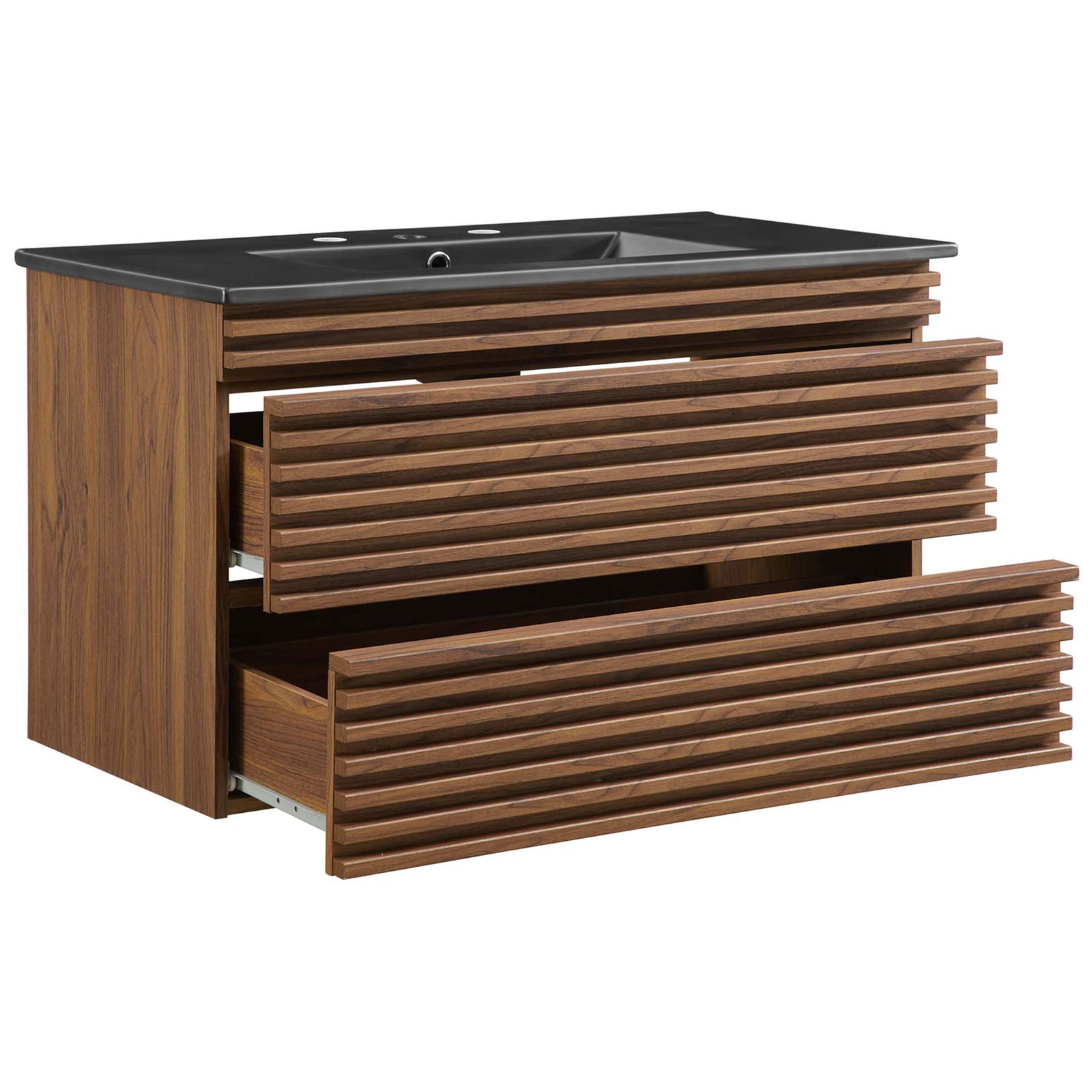 Spacious dual drawers extend smoothly beneath the sleek black ceramic basin. || EEI-5395-WAL-BLK || front_angle_open_studio
